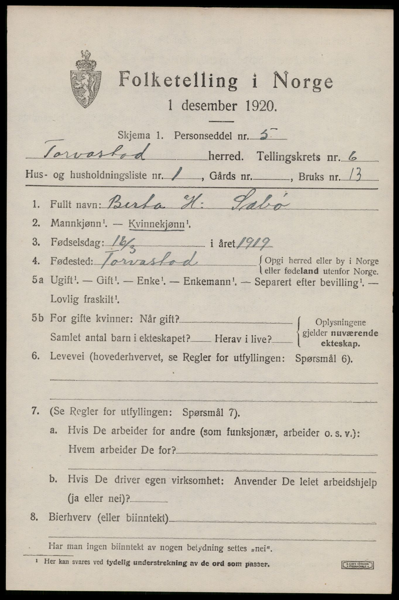 SAST, 1920 census for Torvastad, 1920, p. 4912