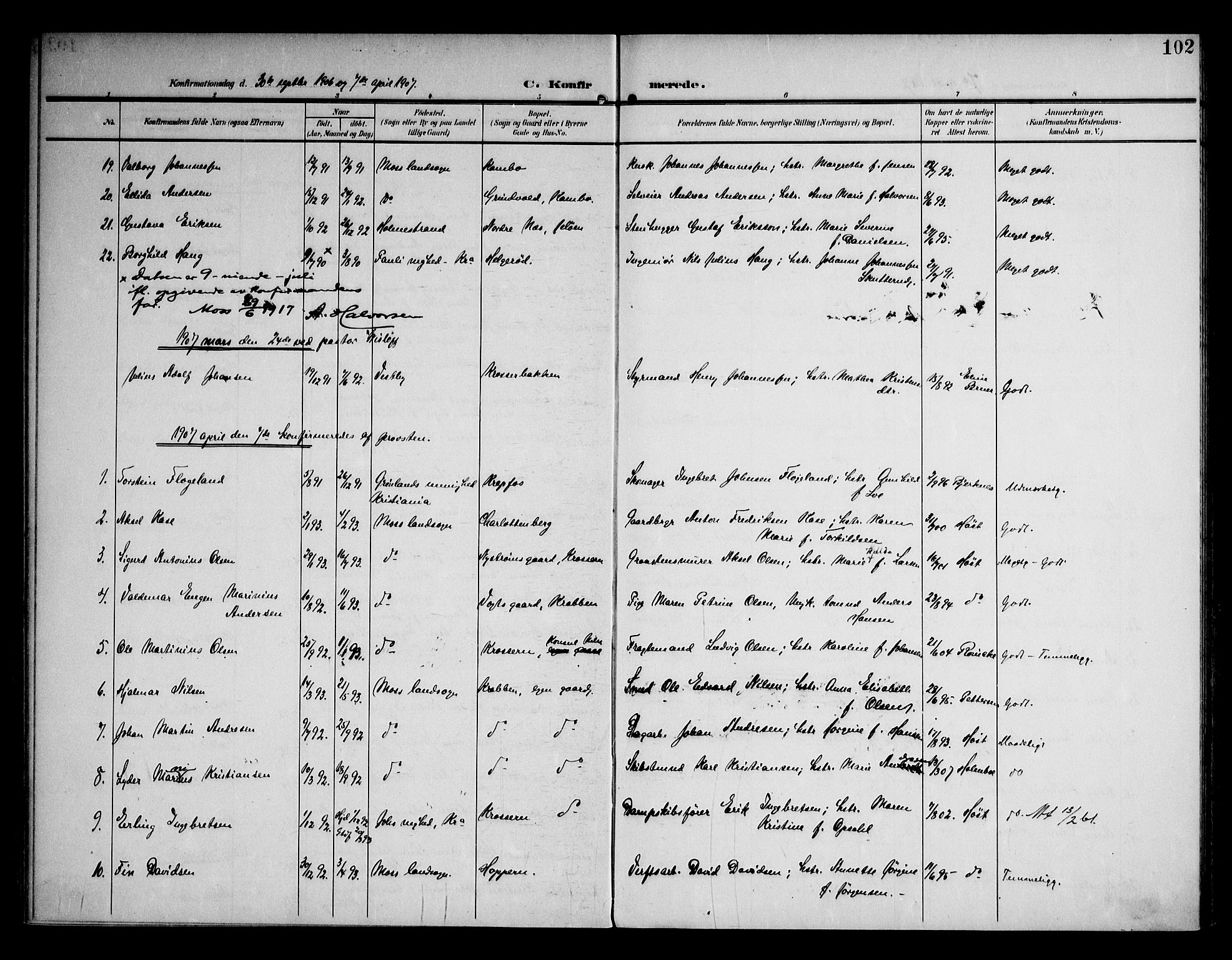 Moss prestekontor Kirkebøker, AV/SAO-A-2003/F/Fc/L0003: Parish register (official) no. III 3, 1906-1914, p. 102