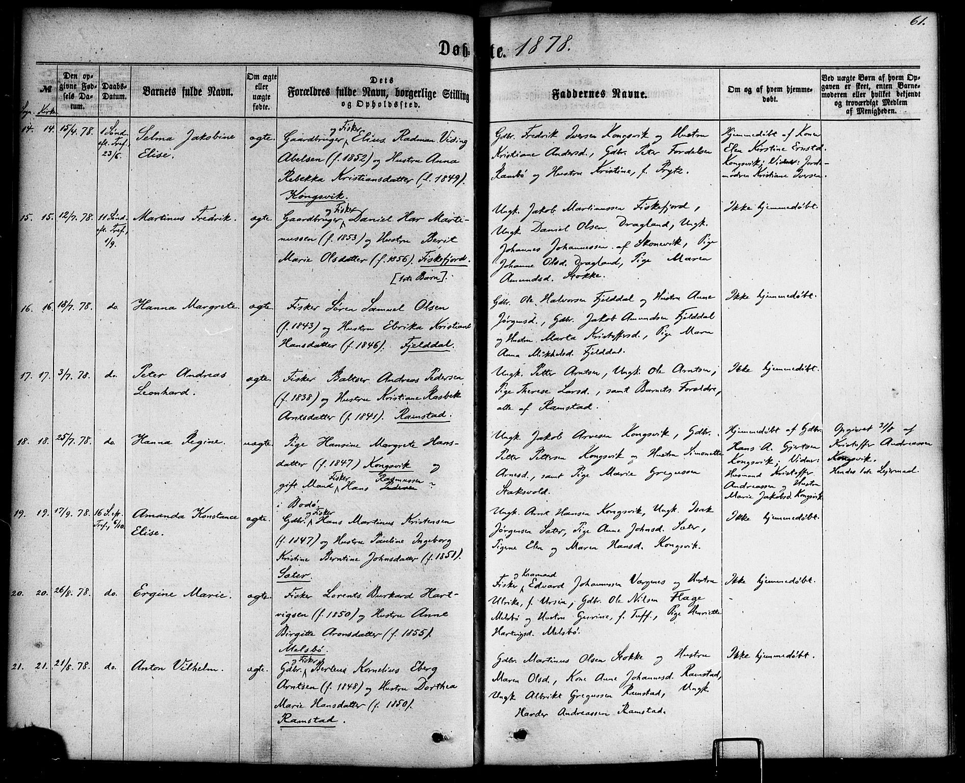 Ministerialprotokoller, klokkerbøker og fødselsregistre - Nordland, SAT/A-1459/865/L0923: Parish register (official) no. 865A01, 1864-1884, p. 61