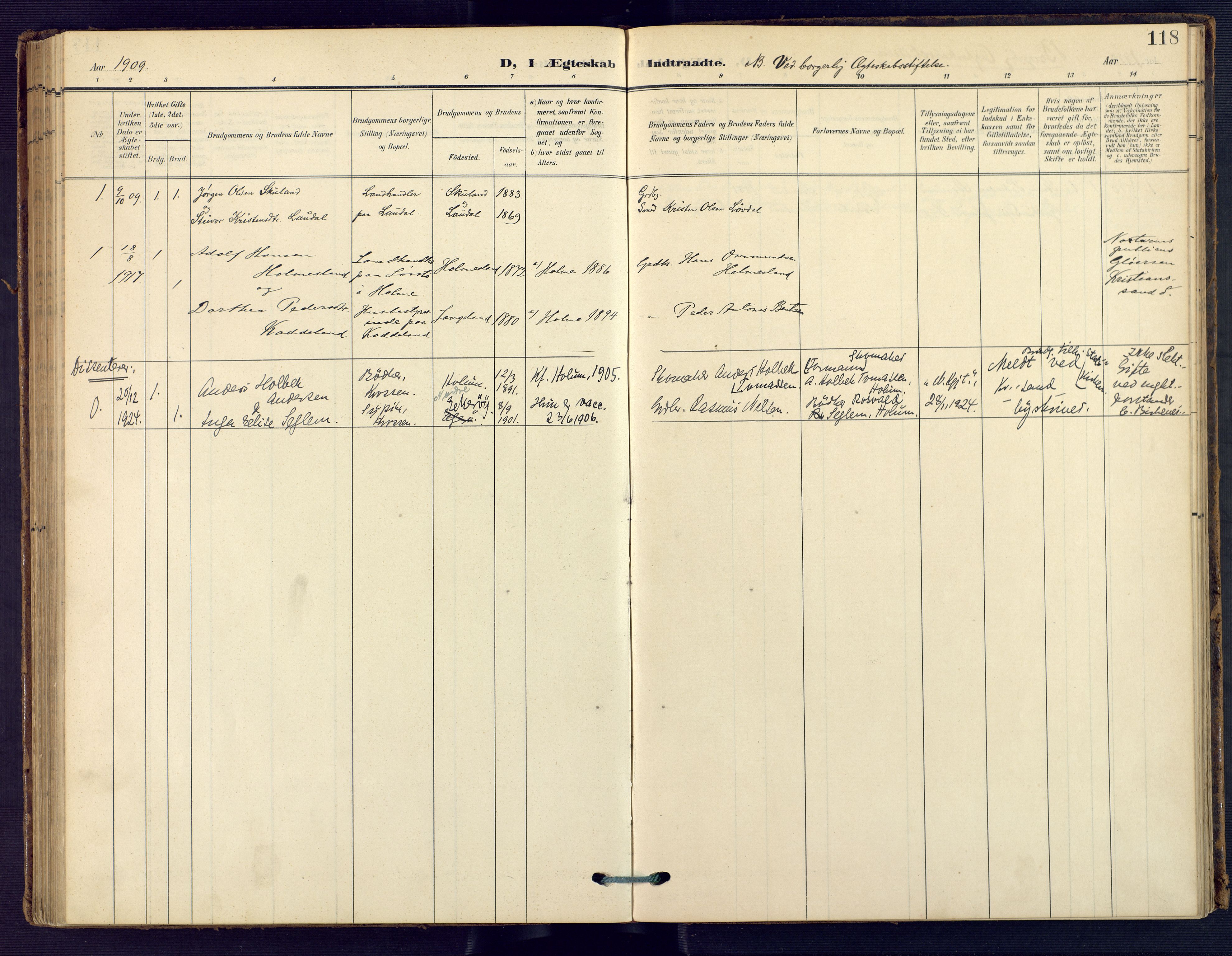 Holum sokneprestkontor, SAK/1111-0022/F/Fa/Faa/L0008: Parish register (official) no. A 8, 1908-1929, p. 118