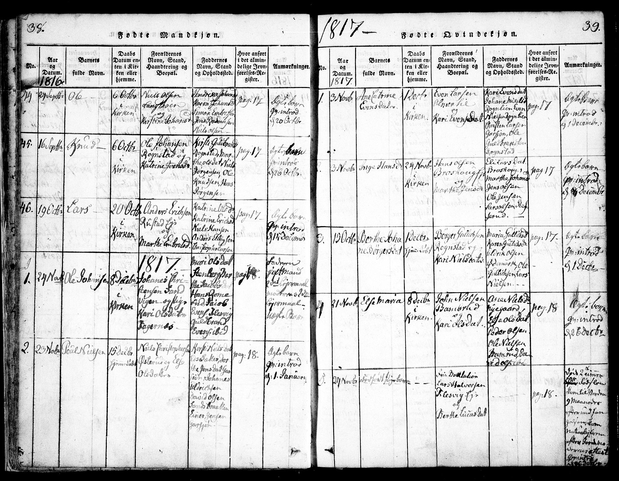 Hurdal prestekontor Kirkebøker, AV/SAO-A-10889/F/Fa/L0003: Parish register (official) no. I 3, 1815-1828, p. 38-39