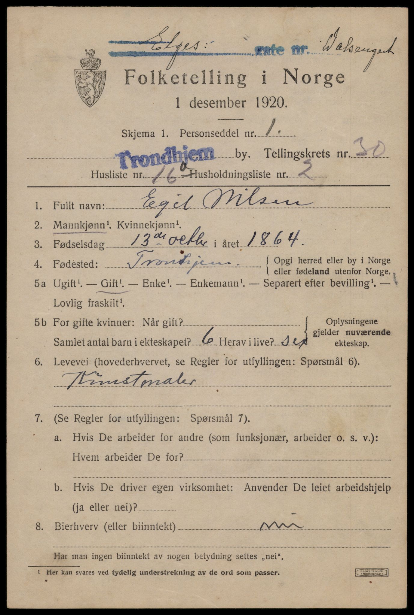 SAT, 1920 census for Trondheim, 1920, p. 74264