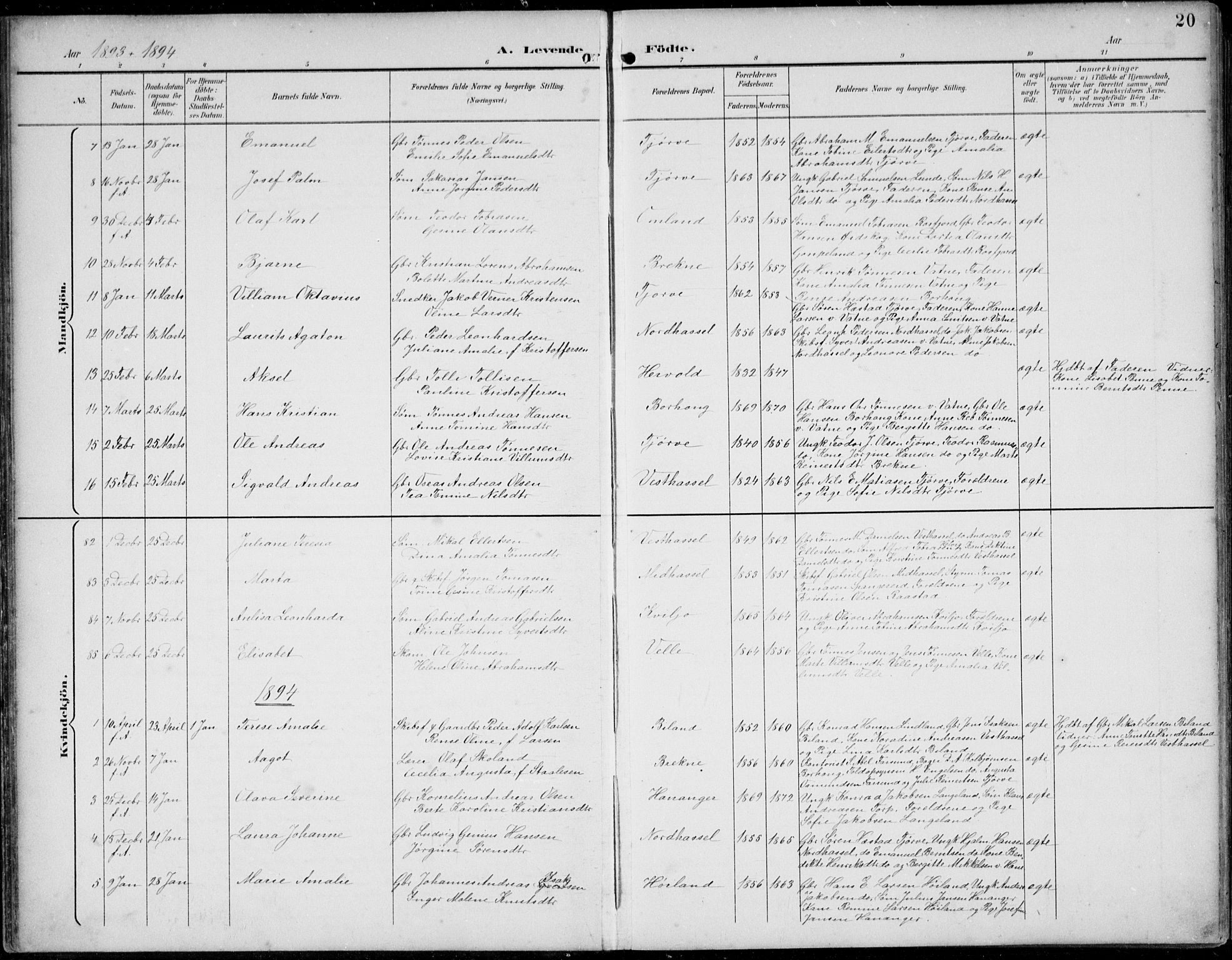 Lista sokneprestkontor, AV/SAK-1111-0027/F/Fb/L0005: Parish register (copy) no. B 5, 1892-1923, p. 20