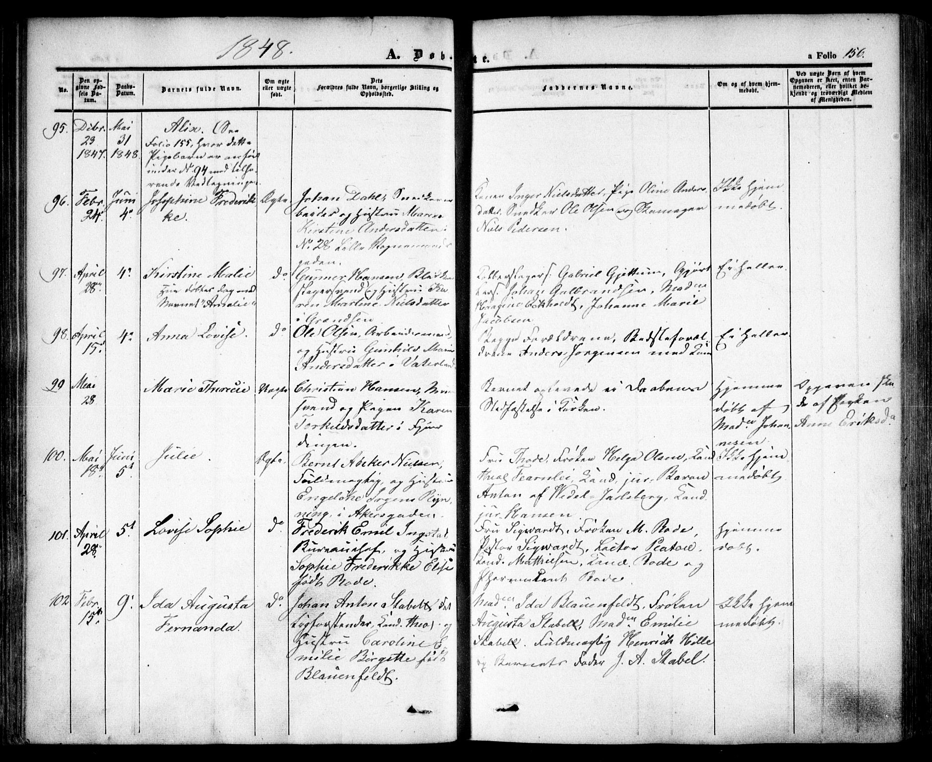 Oslo domkirke Kirkebøker, SAO/A-10752/F/Fa/L0013: Parish register (official) no. 13, 1844-1864, p. 156