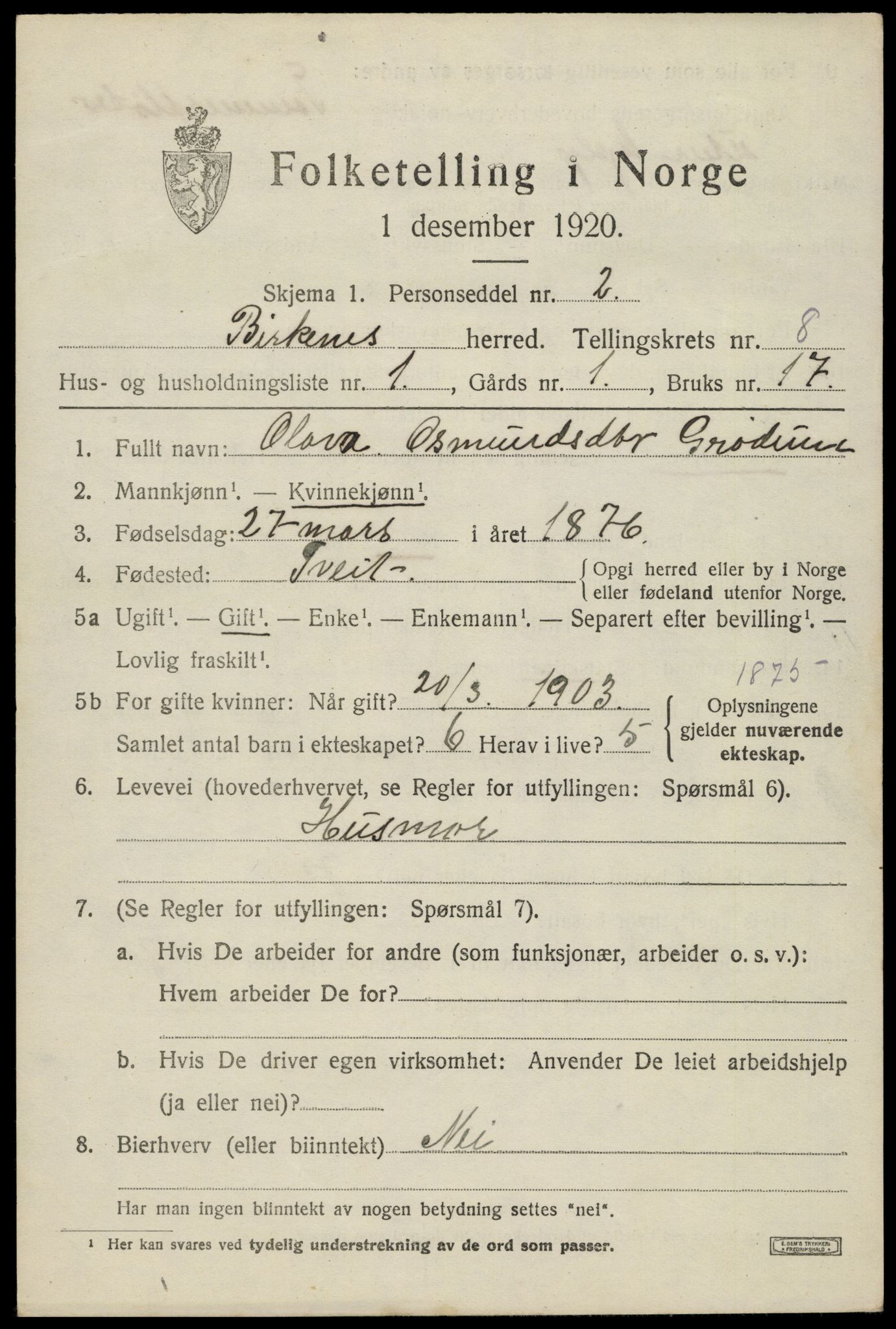 SAK, 1920 census for Birkenes, 1920, p. 4127