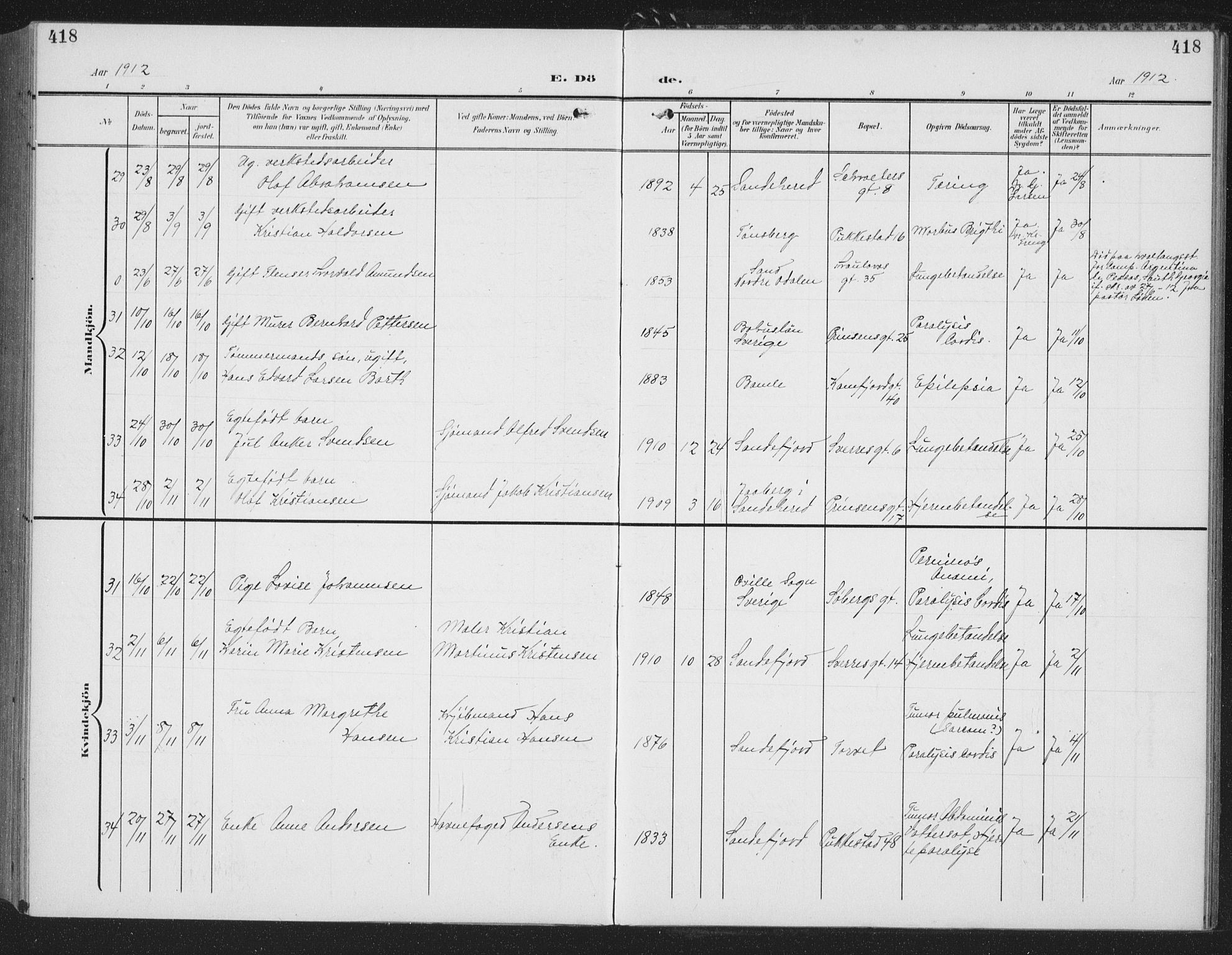 Sandefjord kirkebøker, SAKO/A-315/G/Ga/L0003: Parish register (copy) no. 3, 1903-1920, p. 418