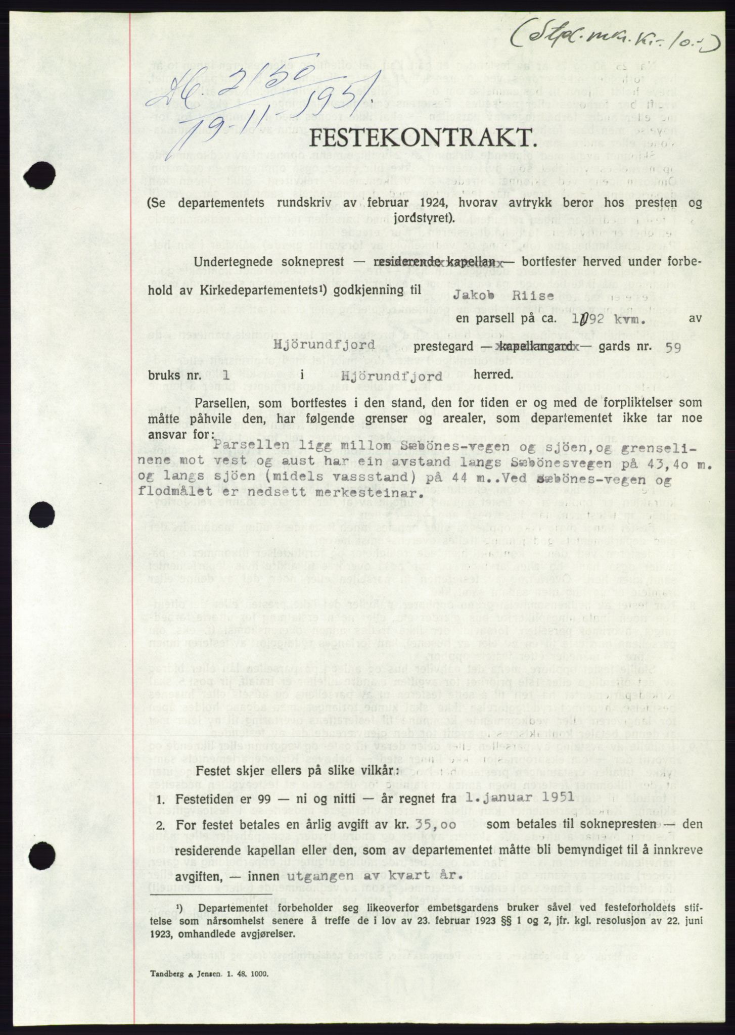 Søre Sunnmøre sorenskriveri, AV/SAT-A-4122/1/2/2C/L0090: Mortgage book no. 16A, 1951-1951, Diary no: : 2150/1951