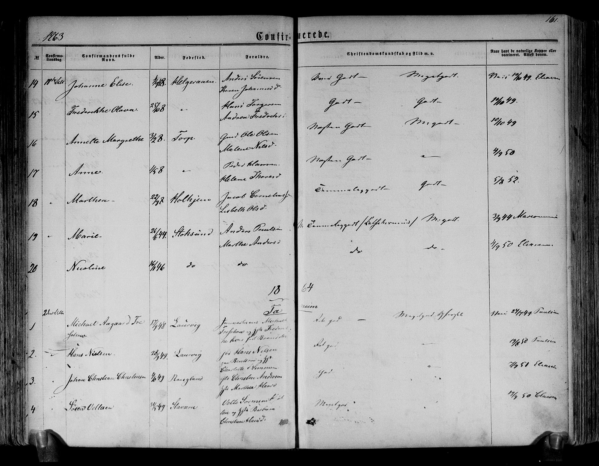 Brunlanes kirkebøker, AV/SAKO-A-342/F/Fa/L0005: Parish register (official) no. I 5, 1862-1877, p. 161