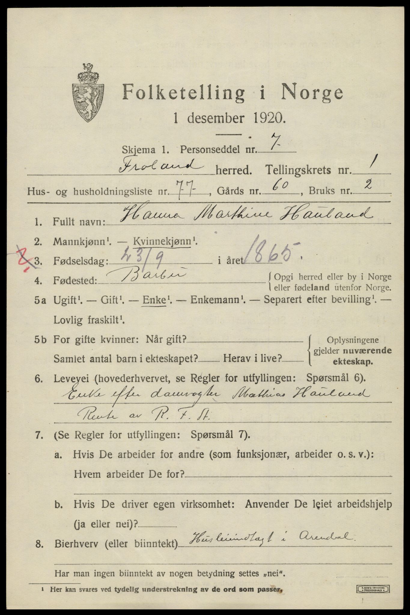 SAK, 1920 census for Froland, 1920, p. 1865