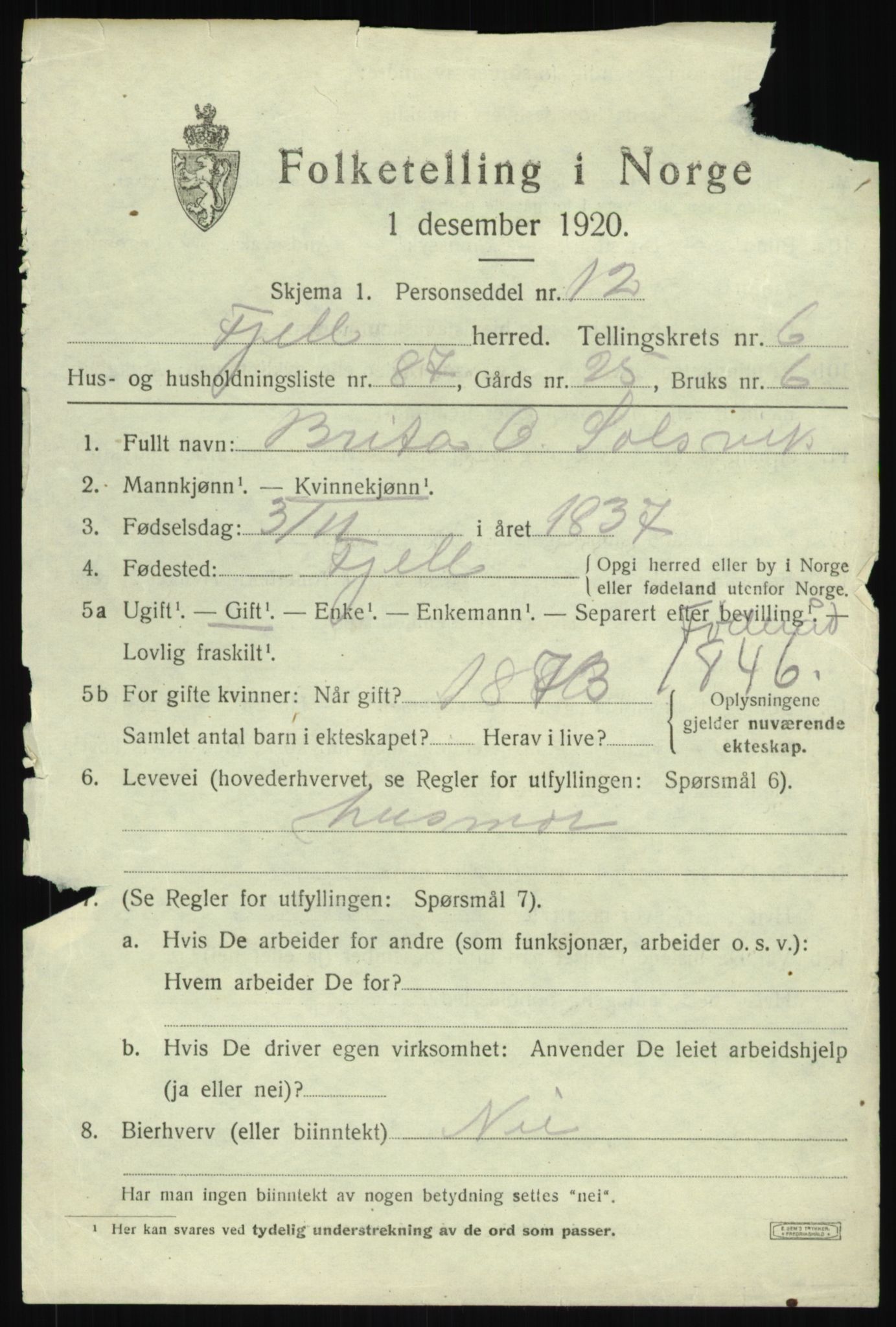 SAB, 1920 census for Fjell, 1920, p. 6404