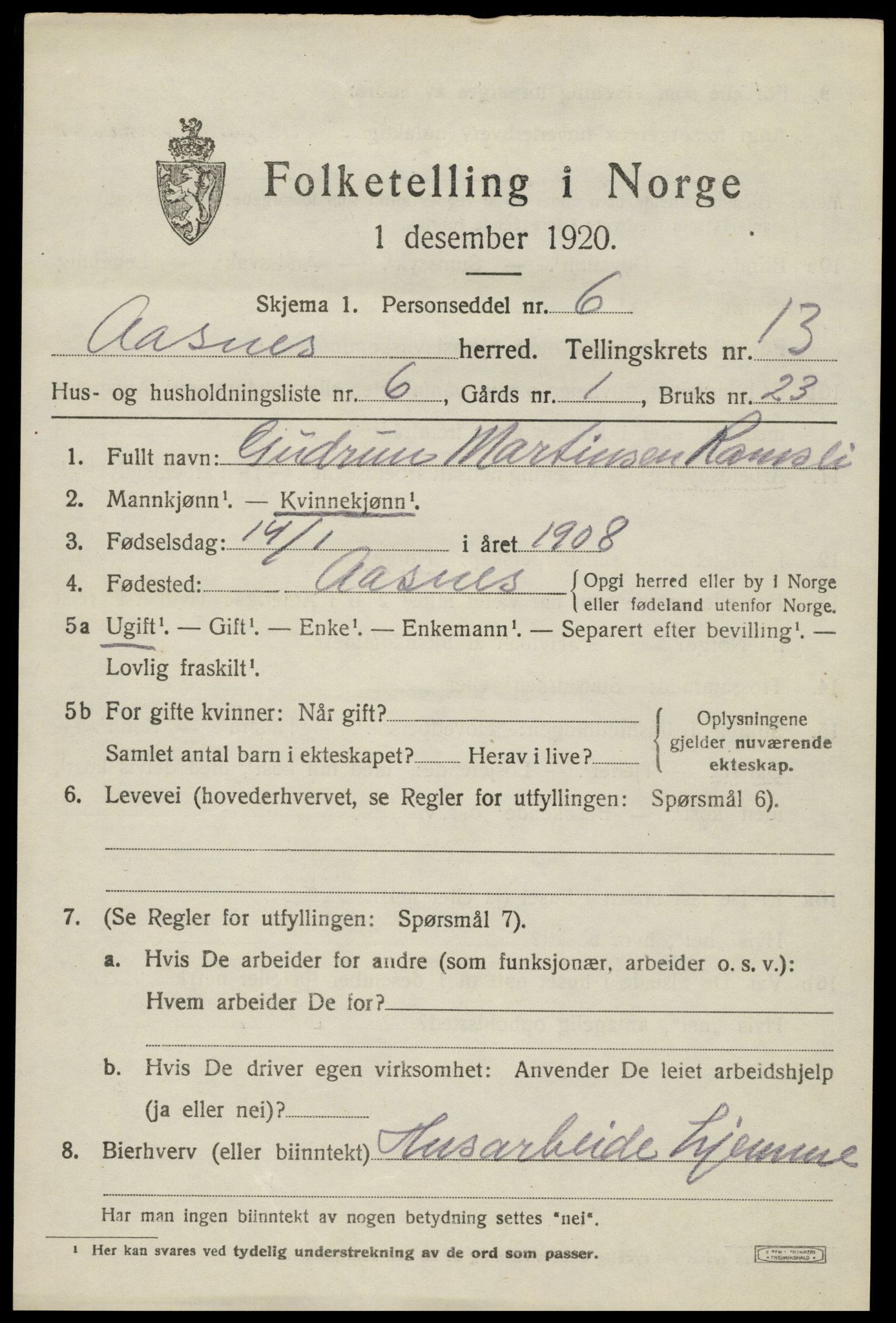 SAH, 1920 census for Åsnes, 1920, p. 12748