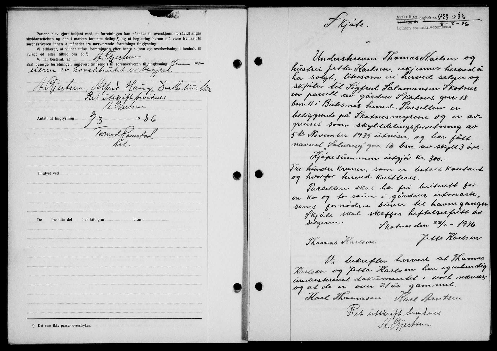 Lofoten sorenskriveri, SAT/A-0017/1/2/2C/L0033b: Mortgage book no. 33b, 1936-1936, Diary no: : 423/1936