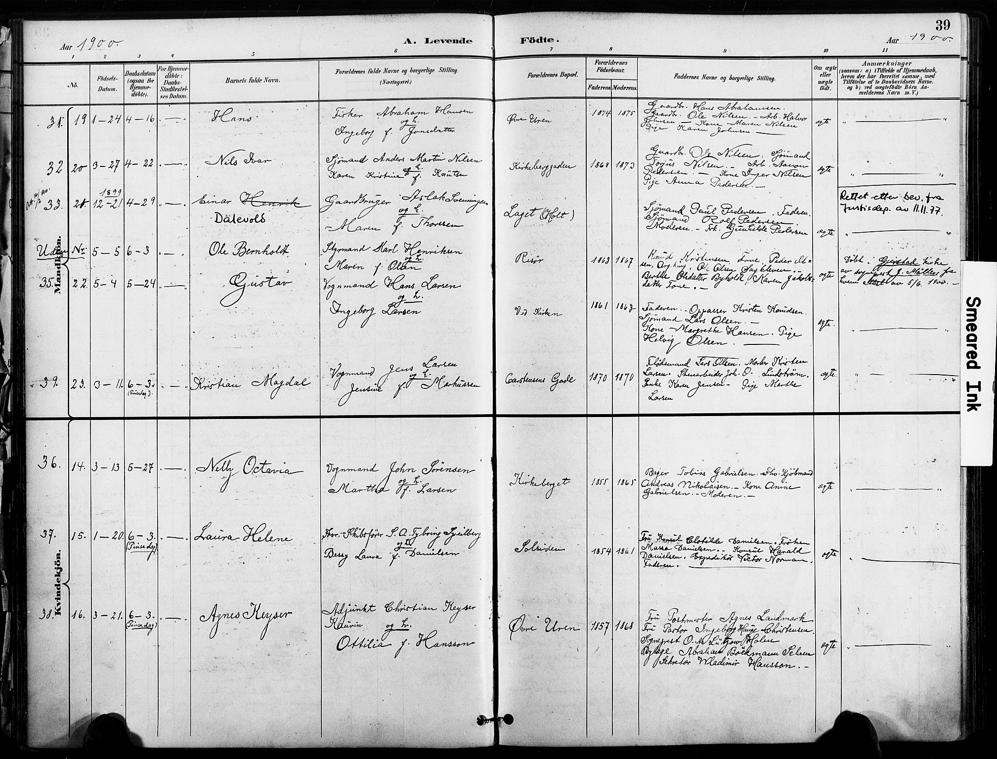 Risør sokneprestkontor, SAK/1111-0035/F/Fa/L0010: Parish register (official) no. A 10, 1896-1906, p. 39