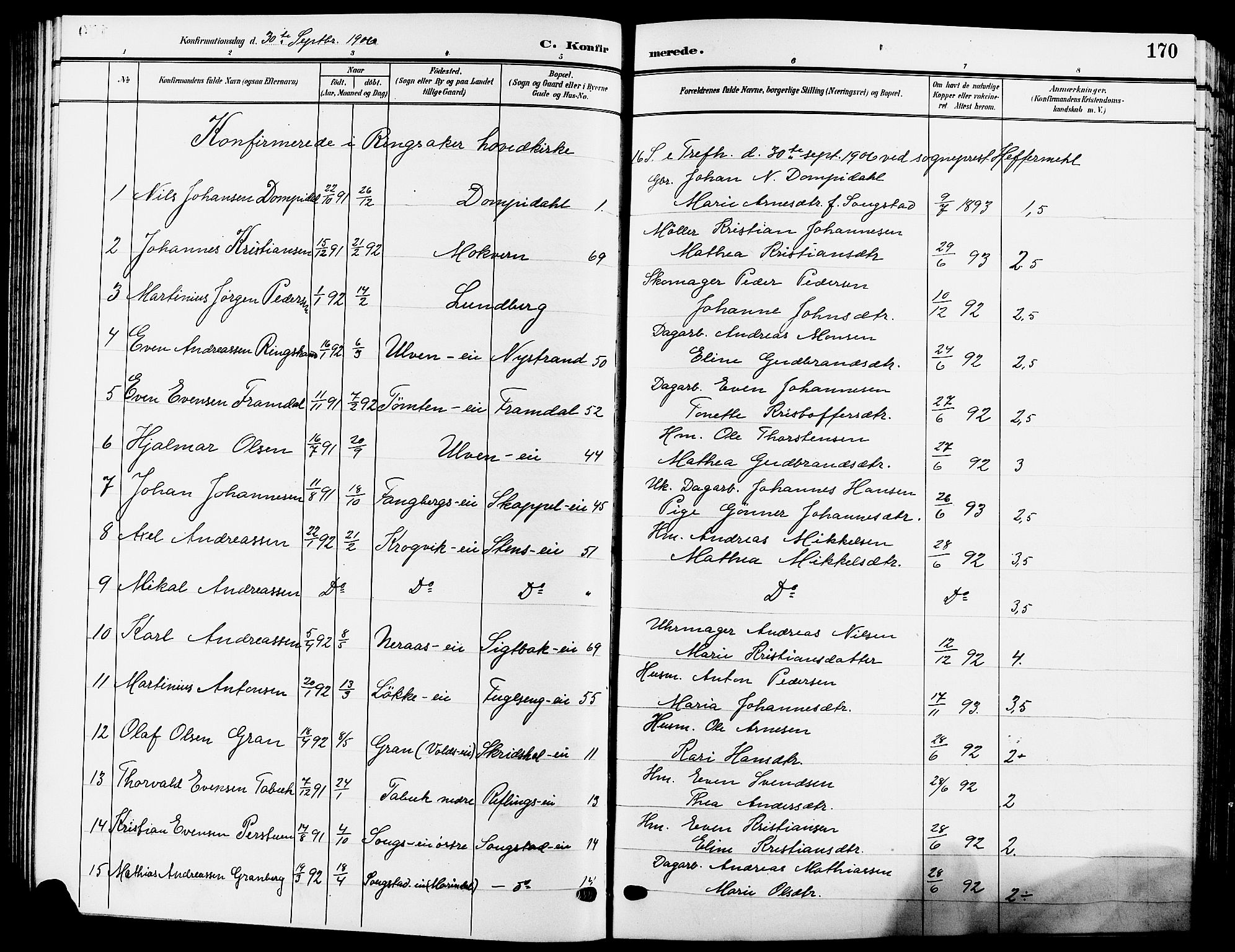 Ringsaker prestekontor, SAH/PREST-014/L/La/L0015: Parish register (copy) no. 15, 1903-1912, p. 170