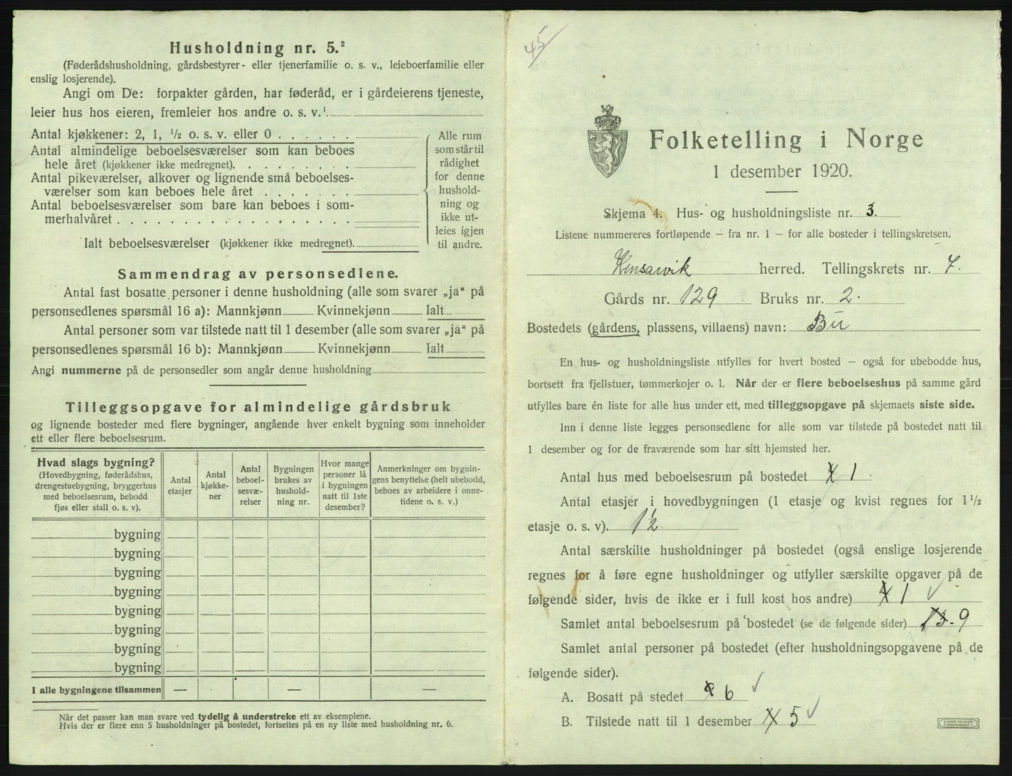 SAB, 1920 census for Kinsarvik, 1920, p. 465