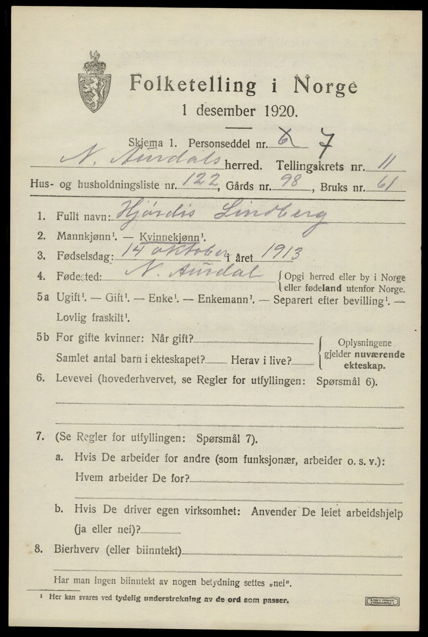 SAH, 1920 census for Nord-Aurdal, 1920, p. 9878