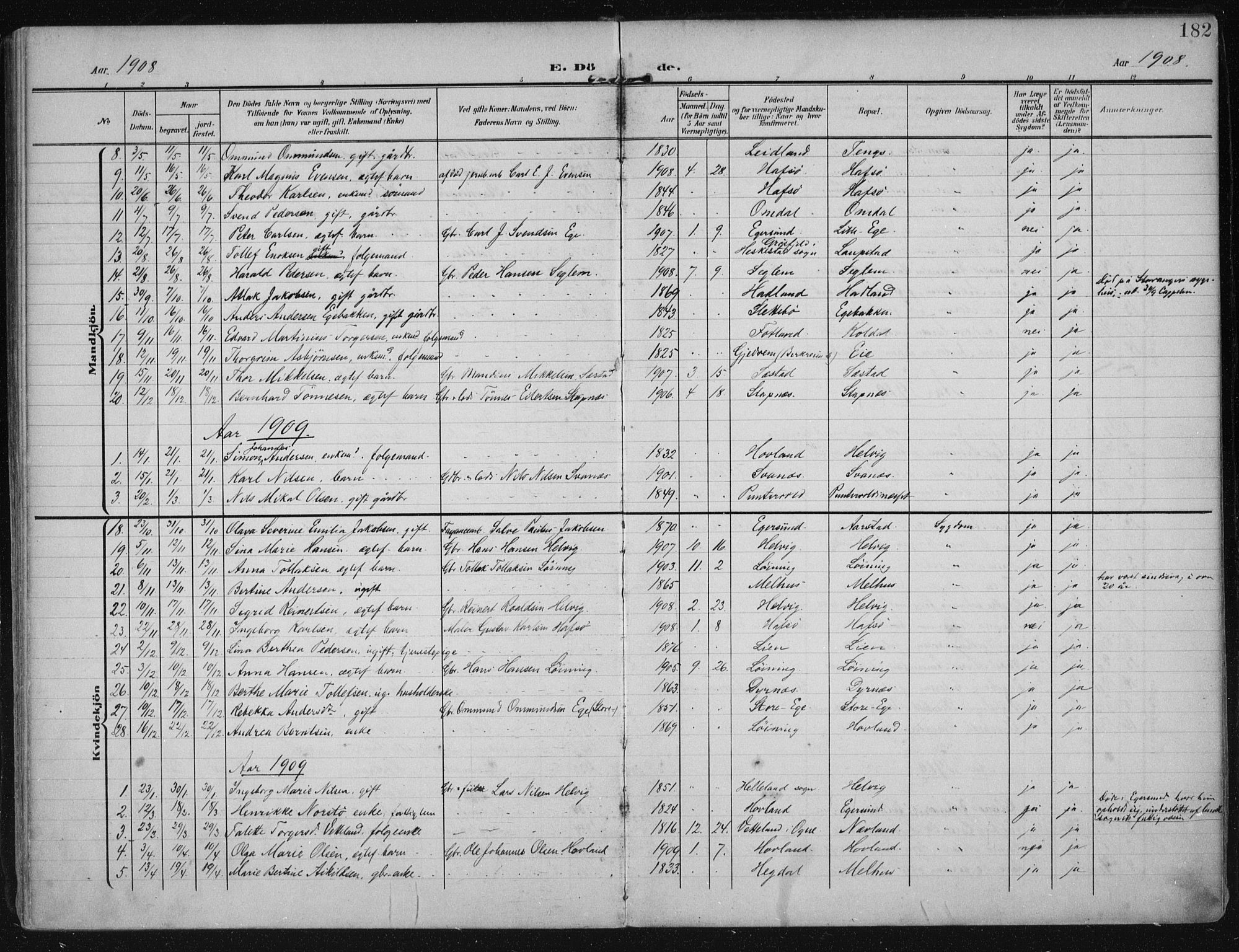 Eigersund sokneprestkontor, AV/SAST-A-101807/001/30/30BA/L0021: Parish register (official) no. A 20, 1906-1928, p. 182
