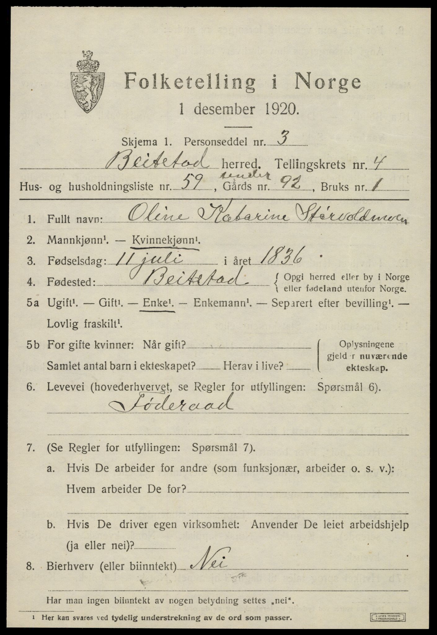 SAT, 1920 census for Beitstad, 1920, p. 3629