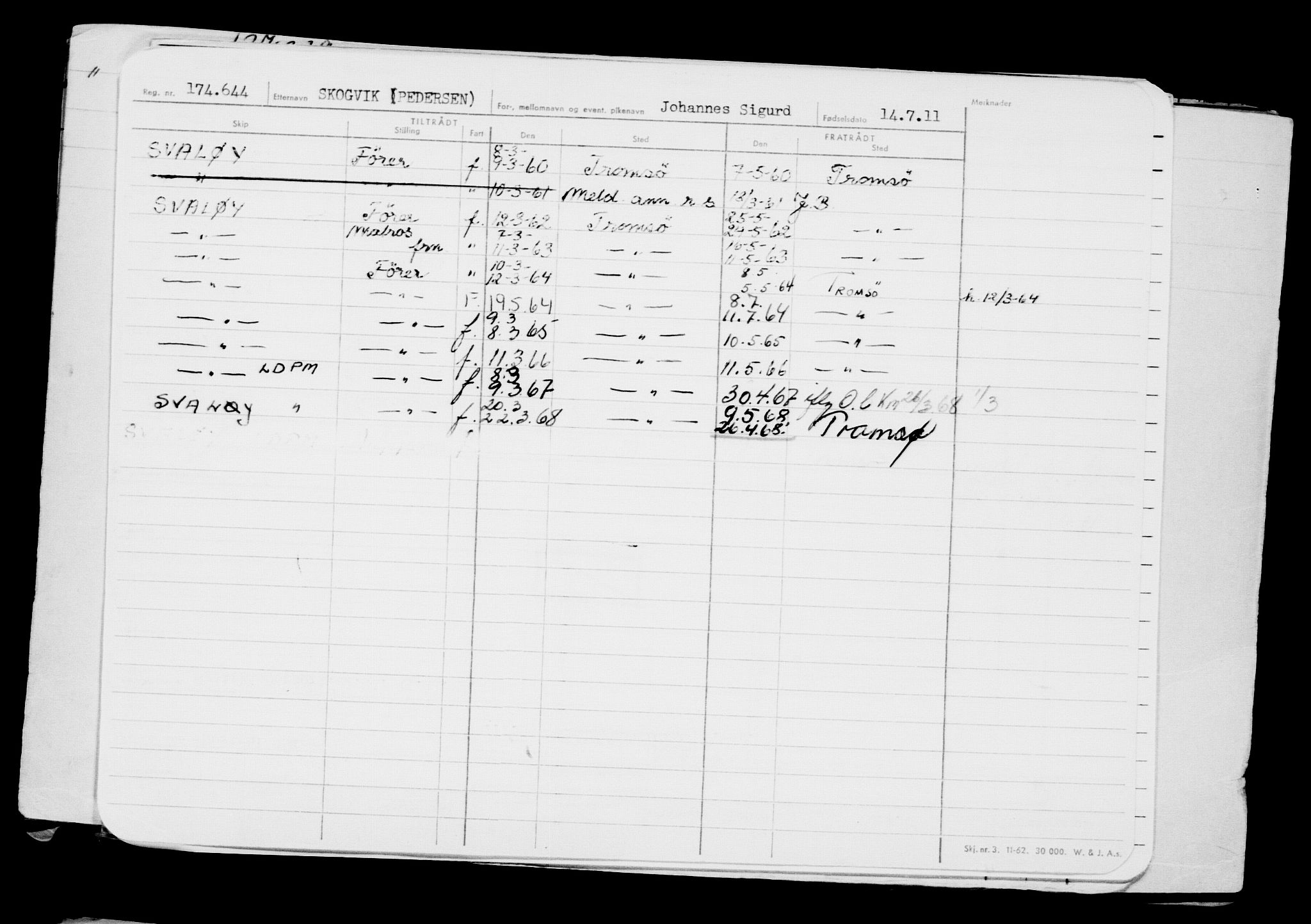 Direktoratet for sjømenn, RA/S-3545/G/Gb/L0098: Hovedkort, 1911, p. 264