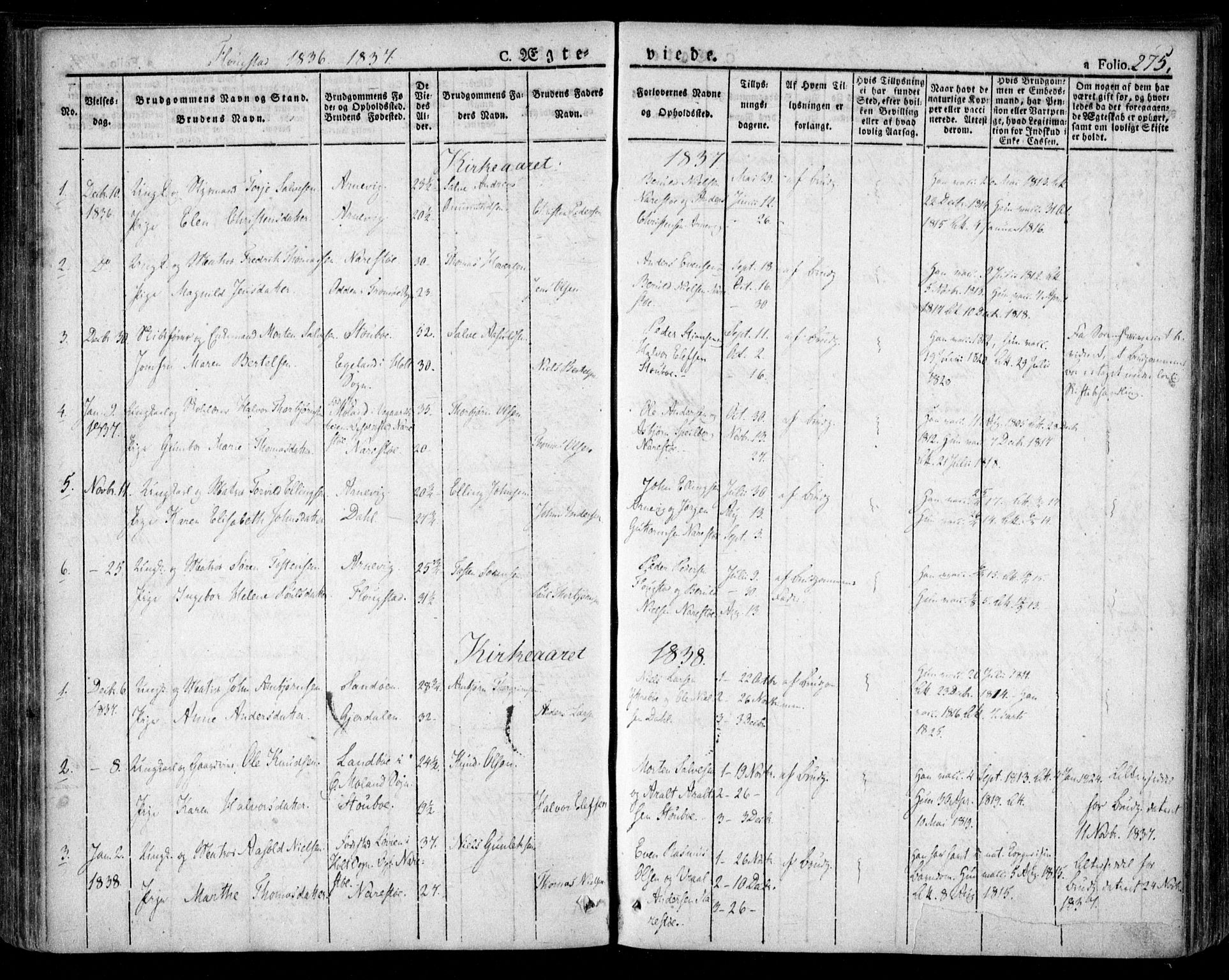 Dypvåg sokneprestkontor, SAK/1111-0007/F/Fa/Faa/L0004: Parish register (official) no. A 4, 1824-1840, p. 275
