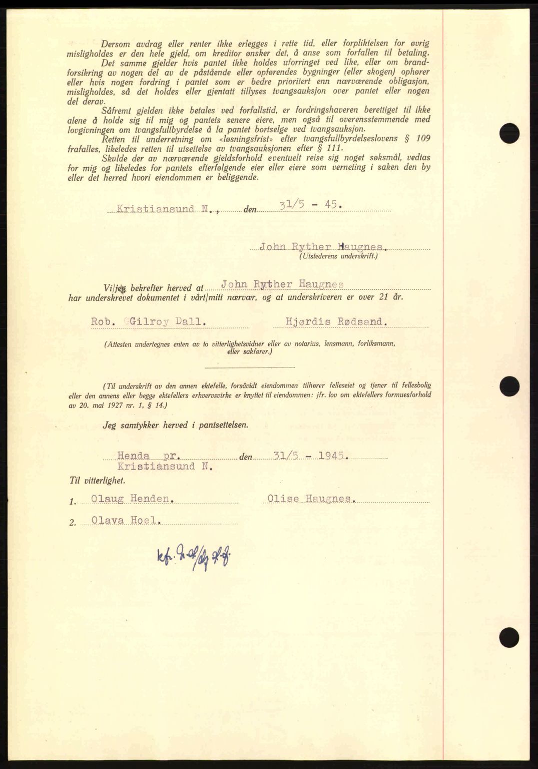 Nordmøre sorenskriveri, AV/SAT-A-4132/1/2/2Ca: Mortgage book no. B92, 1944-1945, Diary no: : 823/1945