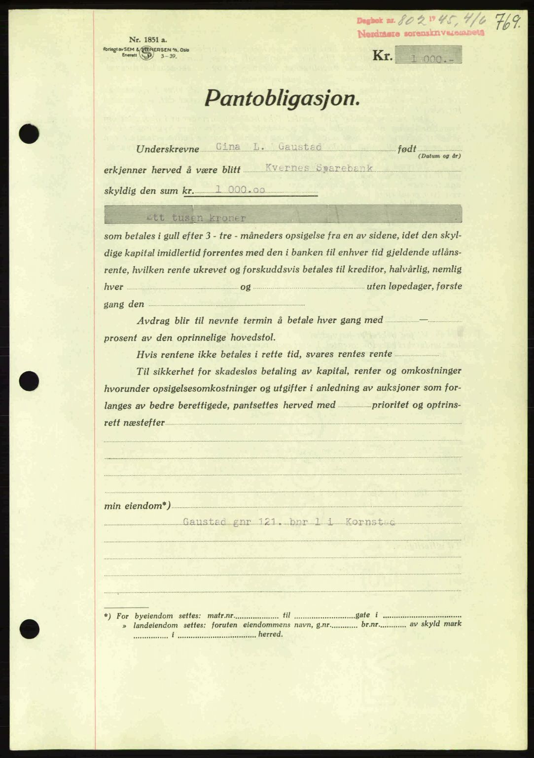 Nordmøre sorenskriveri, AV/SAT-A-4132/1/2/2Ca: Mortgage book no. B92, 1944-1945, Diary no: : 802/1945