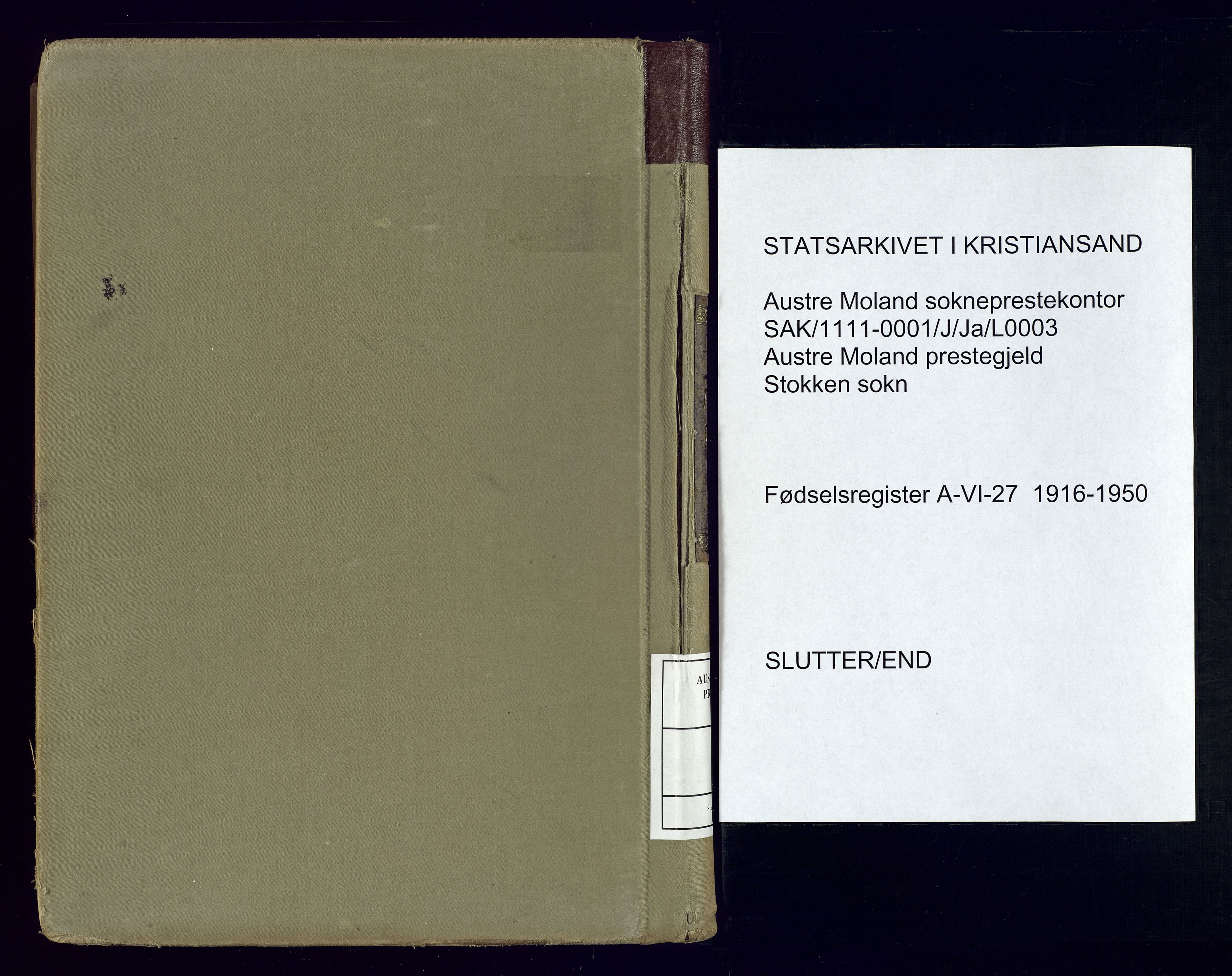 Austre Moland sokneprestkontor, SAK/1111-0001/J/Ja/L0003: Birth register no. A-VI-27, 1916-1950