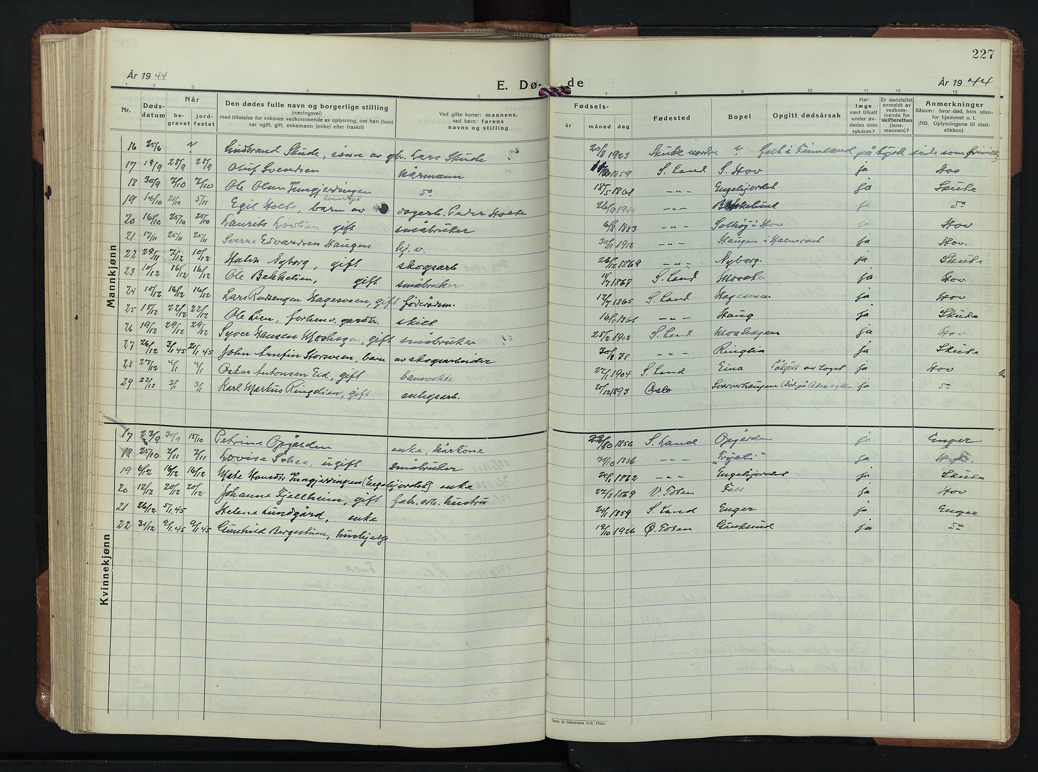 Søndre Land prestekontor, SAH/PREST-122/L/L0009: Parish register (copy) no. 9, 1933-1954, p. 227