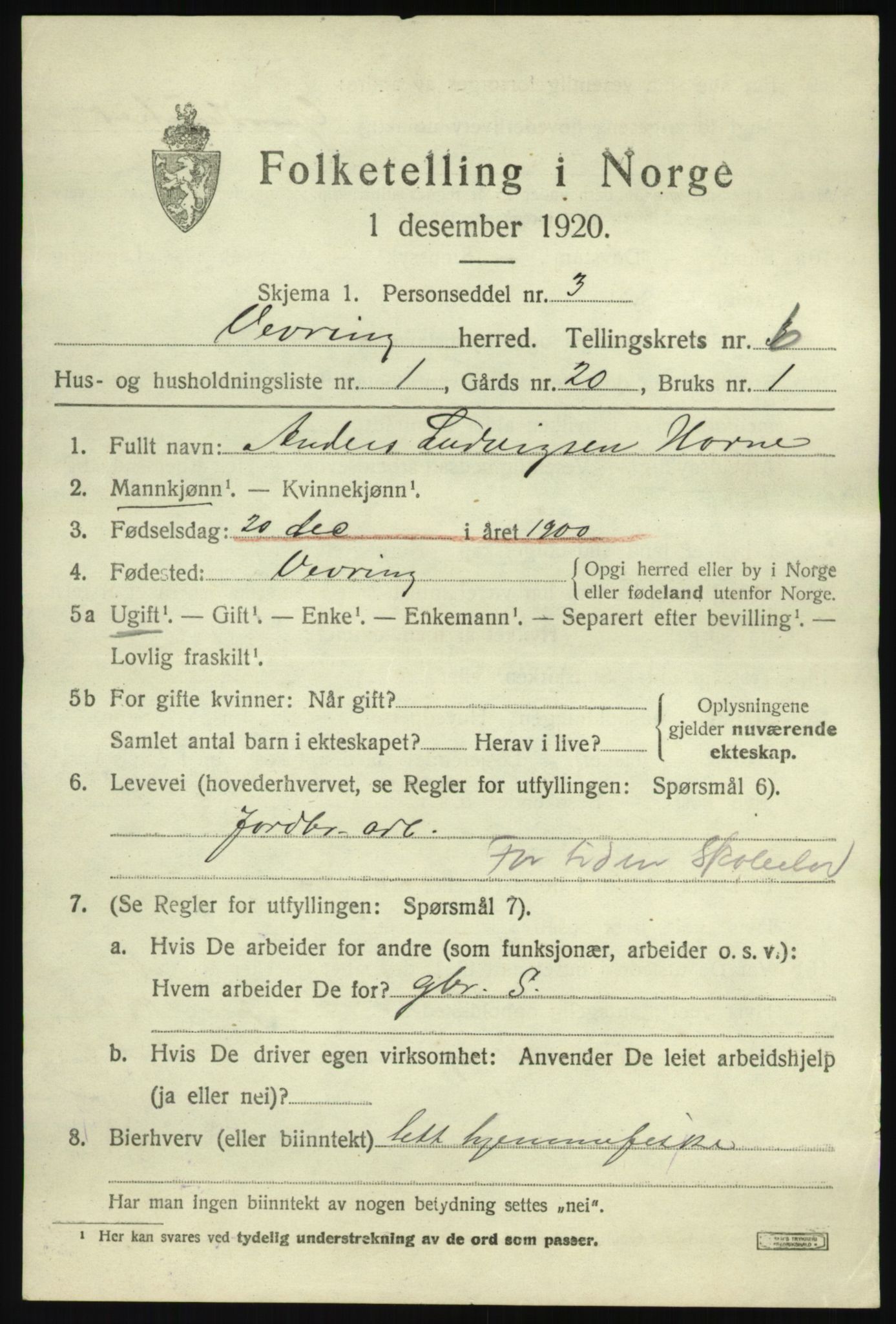 SAB, 1920 census for Vevring, 1920, p. 1548