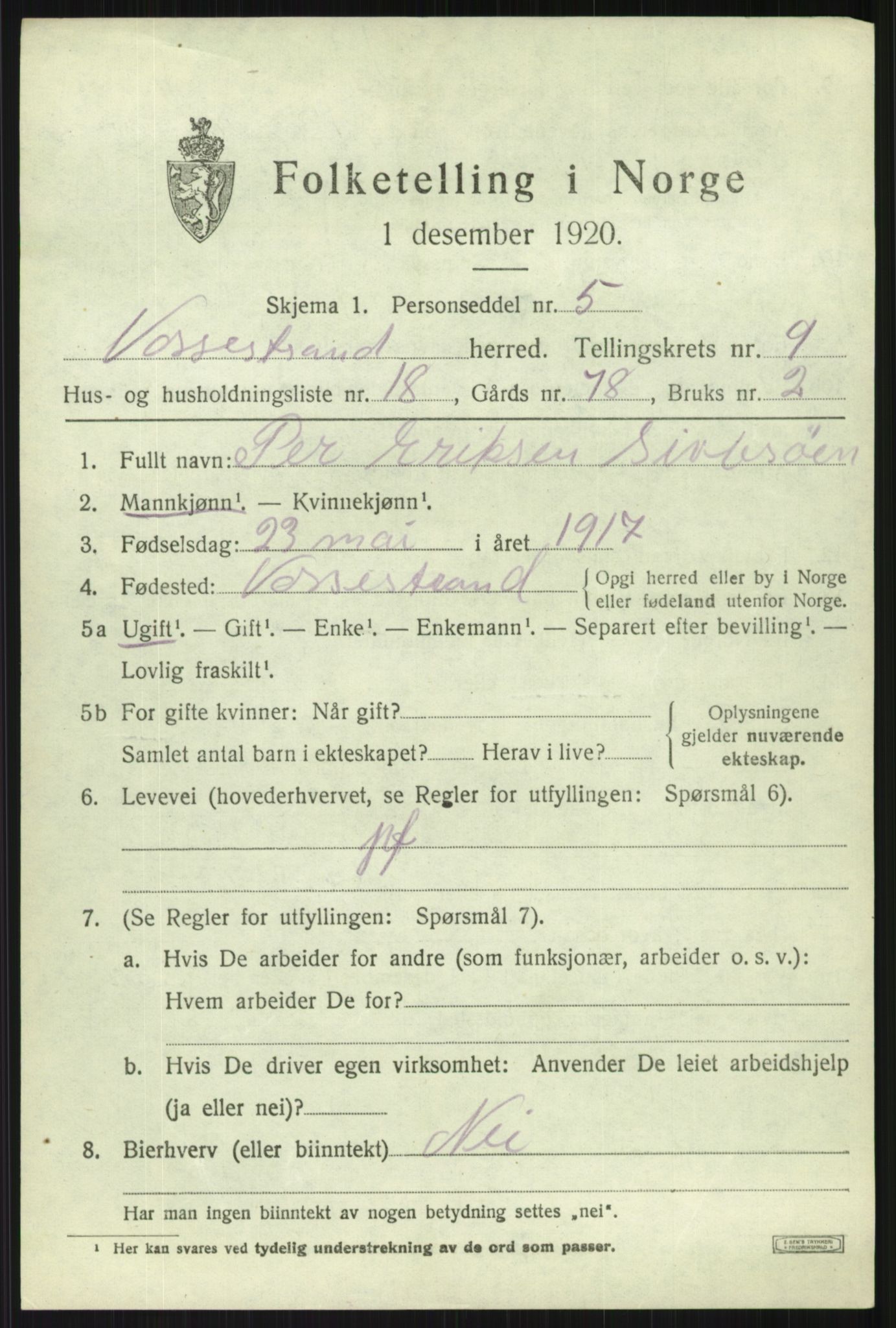 SAB, 1920 census for Vossestrand, 1920, p. 4068