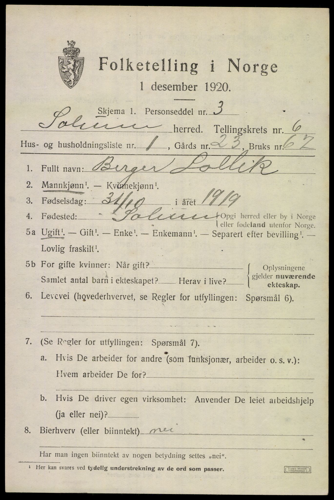 SAKO, 1920 census for Solum, 1920, p. 13174