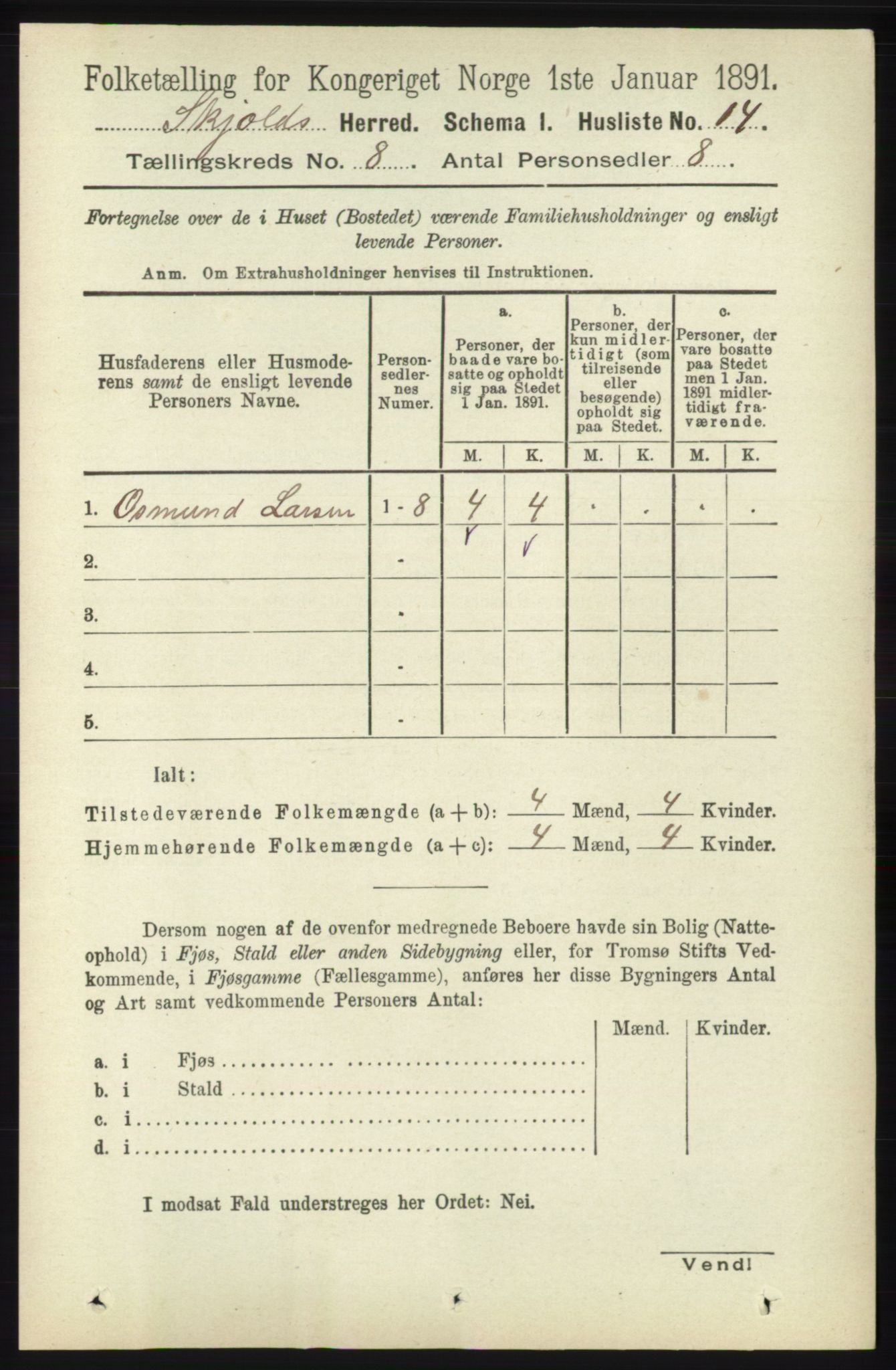 RA, 1891 census for 1154 Skjold, 1891, p. 1581