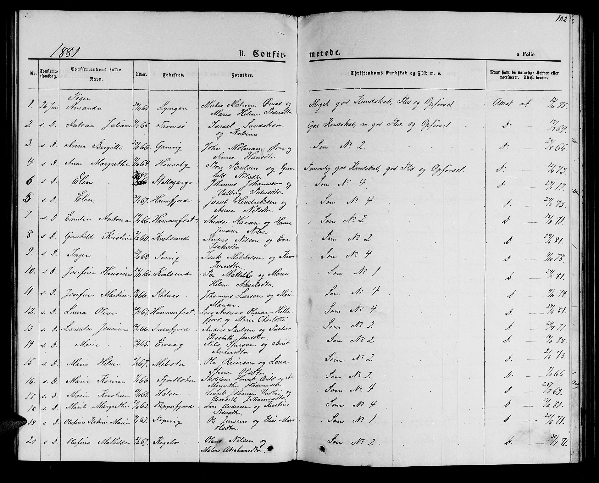 Hammerfest sokneprestkontor, AV/SATØ-S-1347/H/Hb/L0005.klokk: Parish register (copy) no. 5, 1869-1884, p. 102