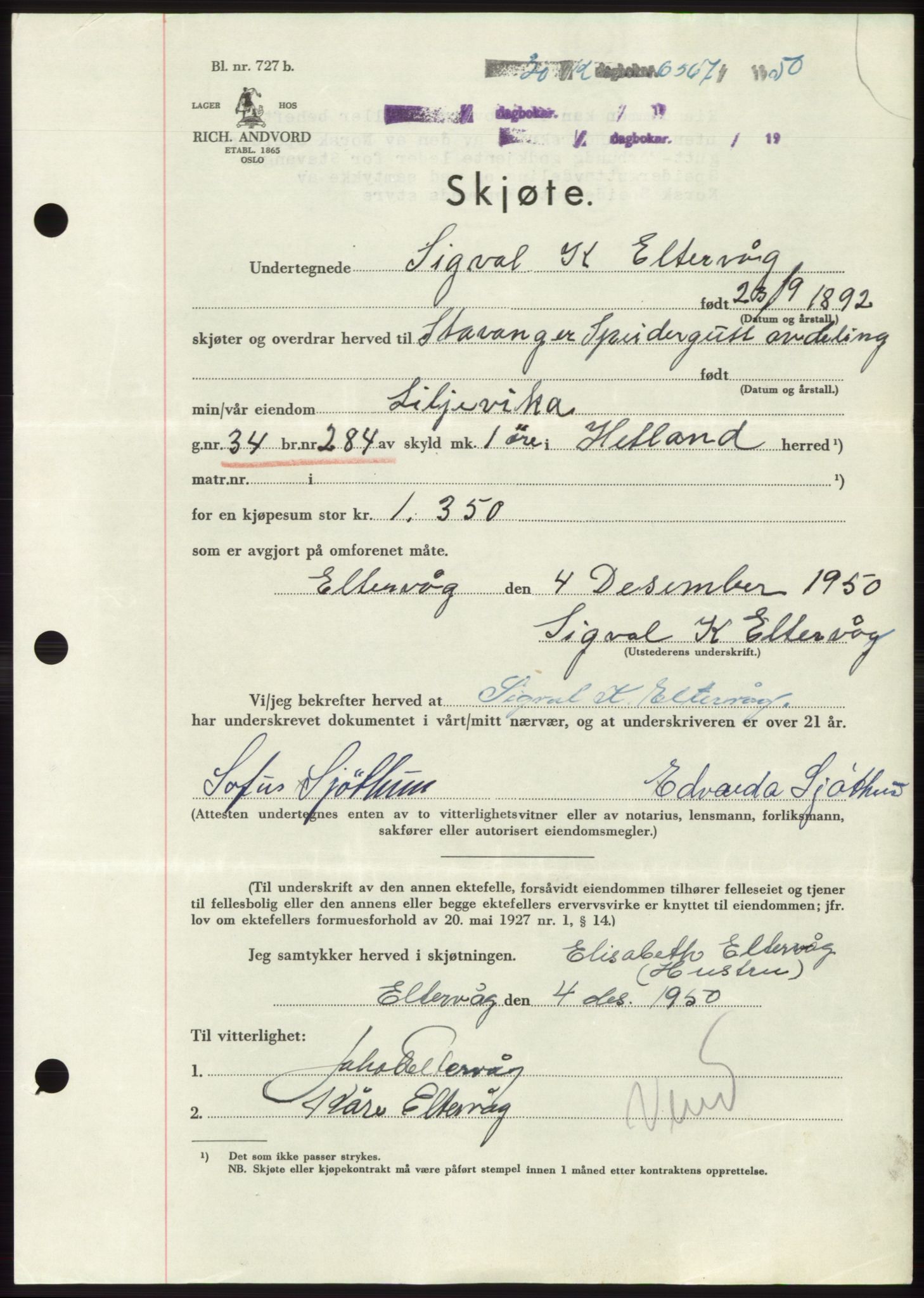 Jæren sorenskriveri, AV/SAST-A-100310/03/G/Gba/L0110: Mortgage book, 1950-1950, Diary no: : 6567/1950