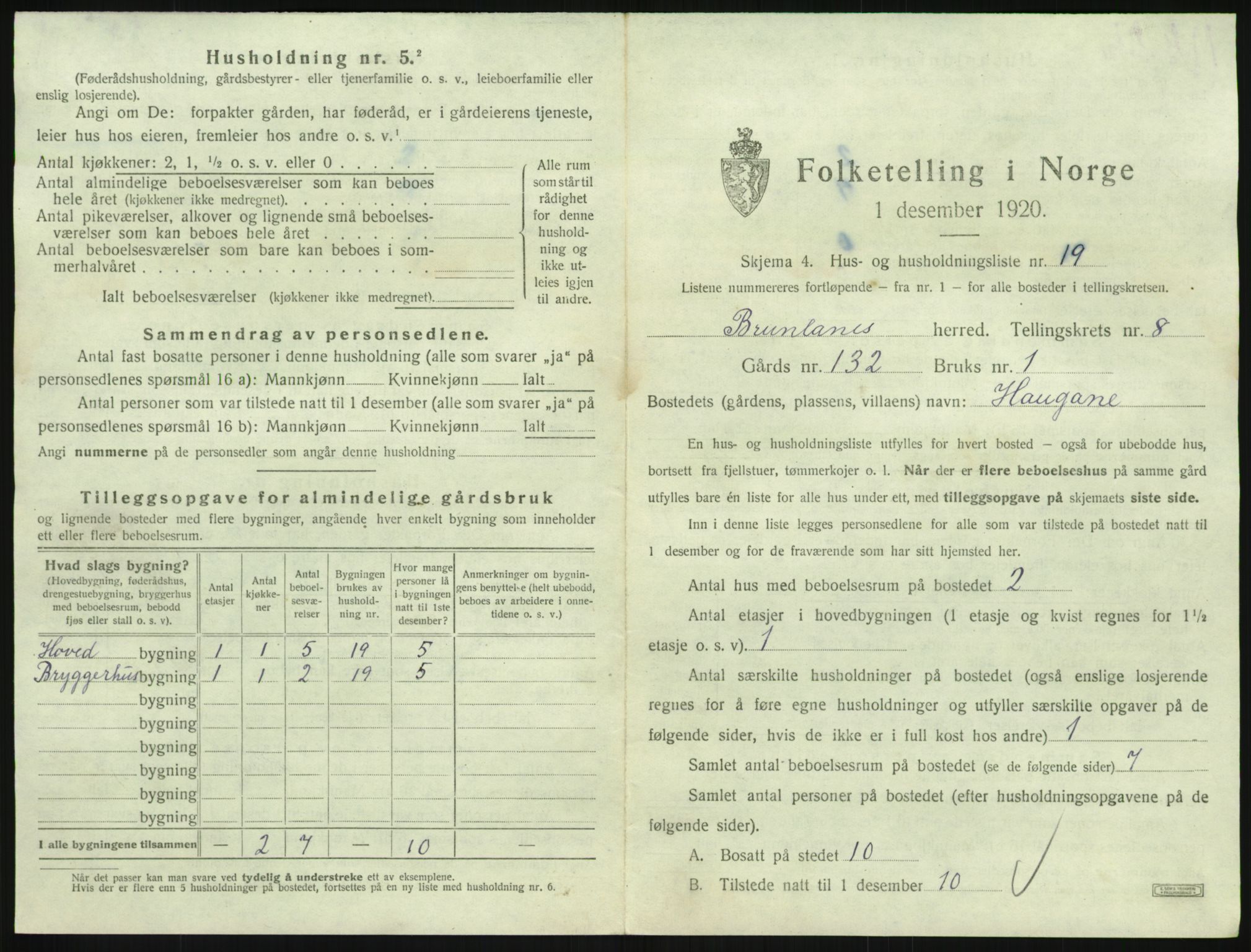SAKO, 1920 census for Brunlanes, 1920, p. 1069