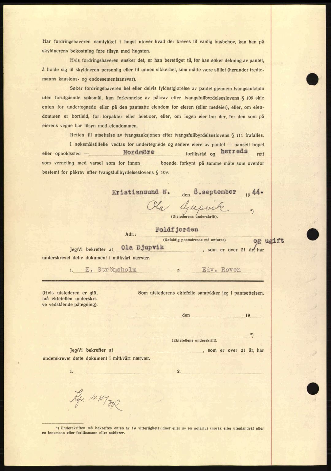 Nordmøre sorenskriveri, AV/SAT-A-4132/1/2/2Ca: Mortgage book no. B92, 1944-1945, Diary no: : 1891/1944