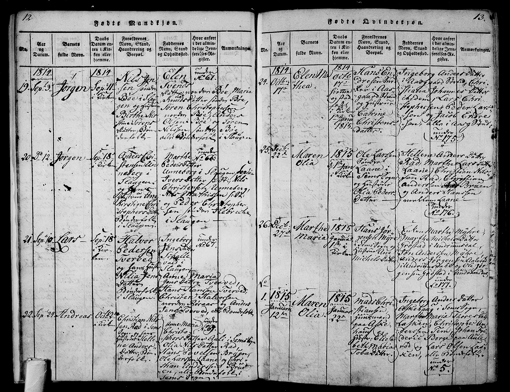 Sem kirkebøker, AV/SAKO-A-5/F/Fa/L0004: Parish register (official) no. I 4, 1814-1825, p. 12-13