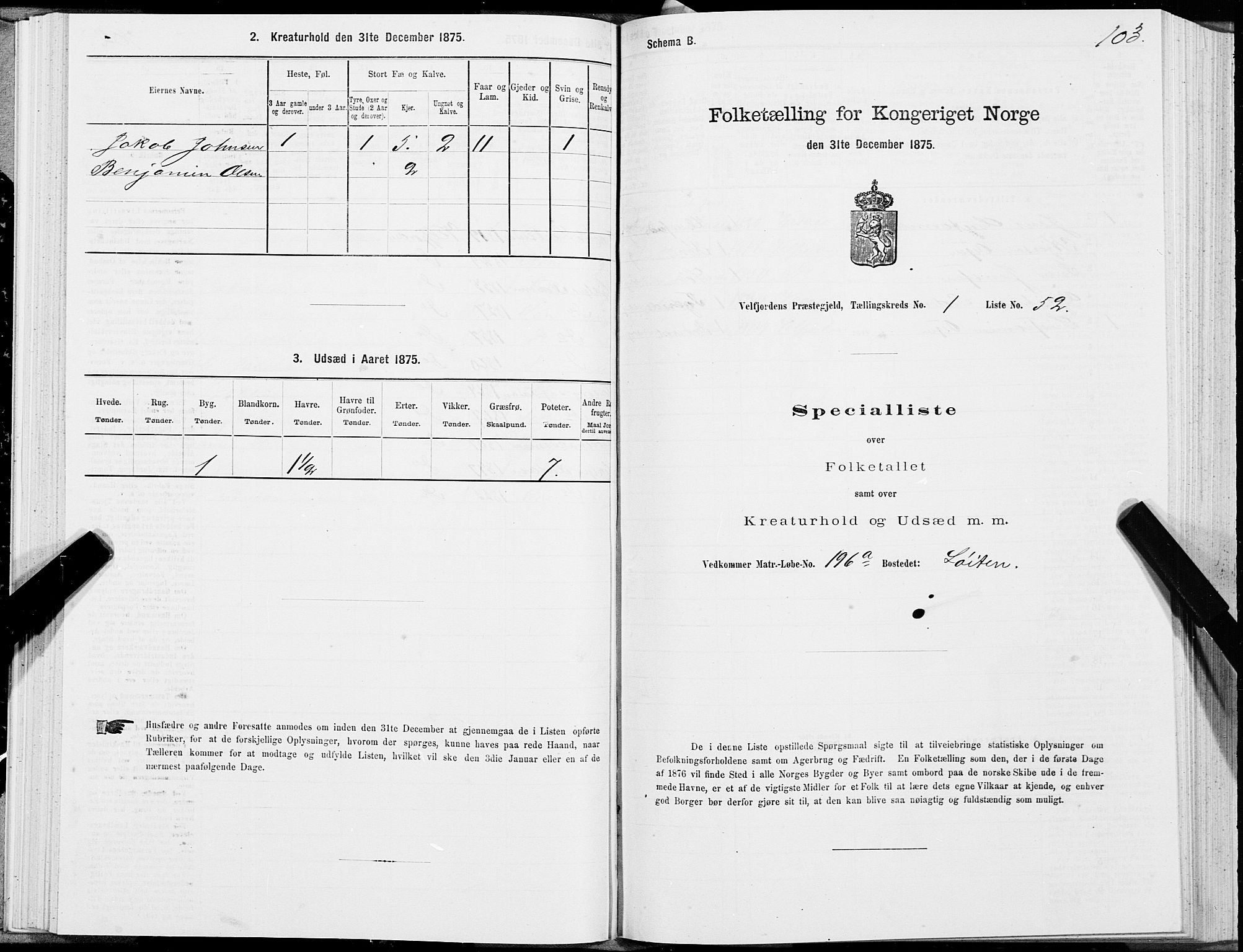 SAT, 1875 census for 1813P Velfjord, 1875, p. 1103