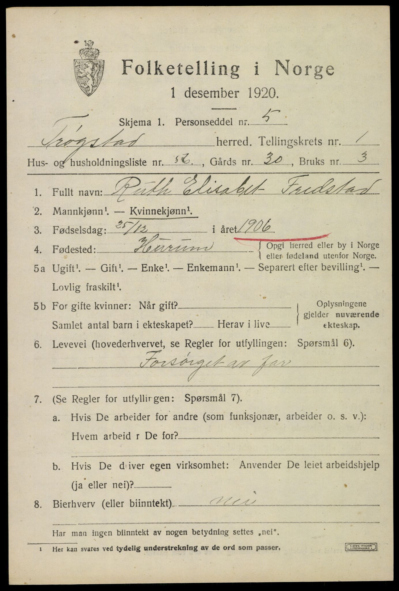 SAO, 1920 census for Trøgstad, 1920, p. 2068