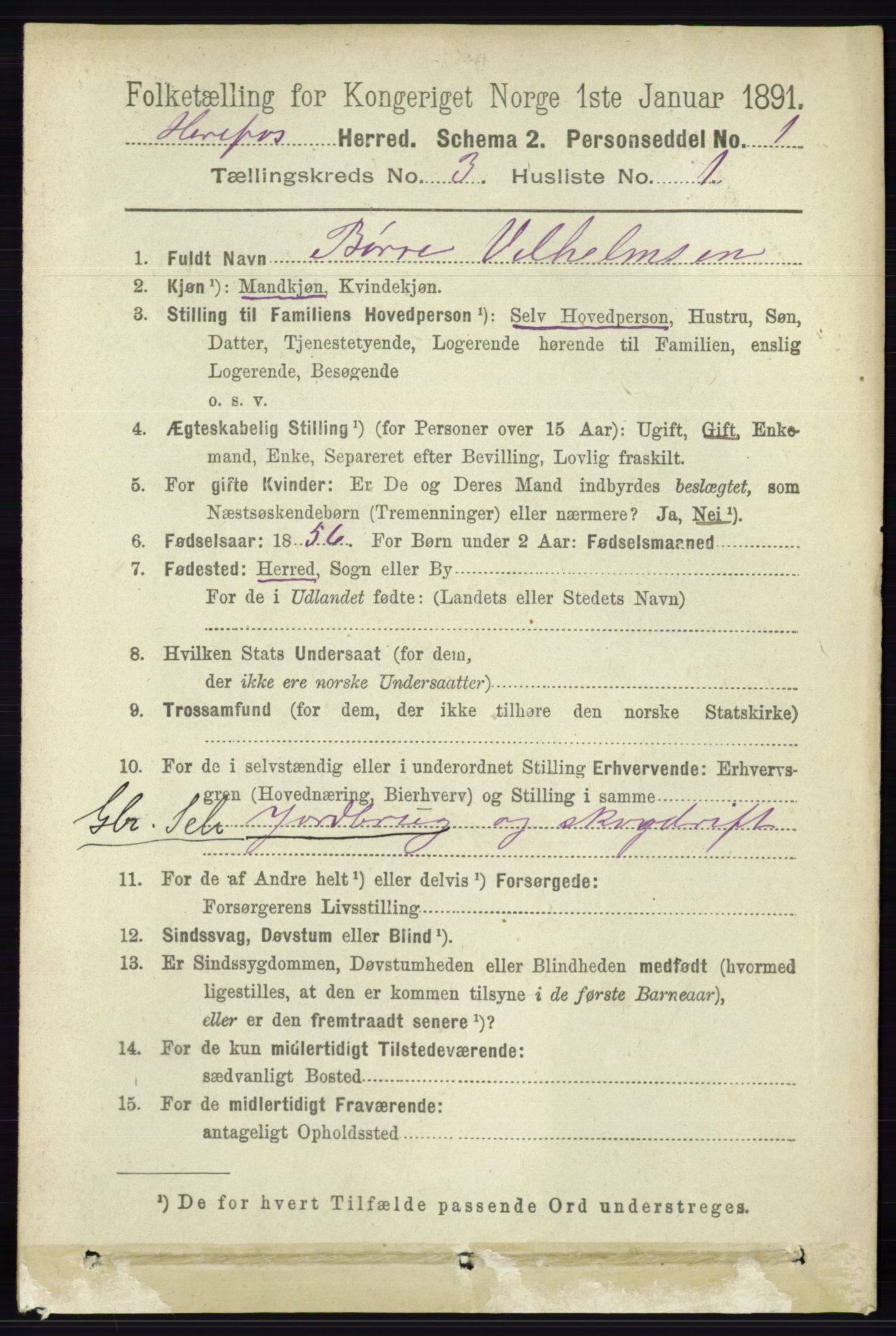 RA, 1891 census for 0933 Herefoss, 1891, p. 543