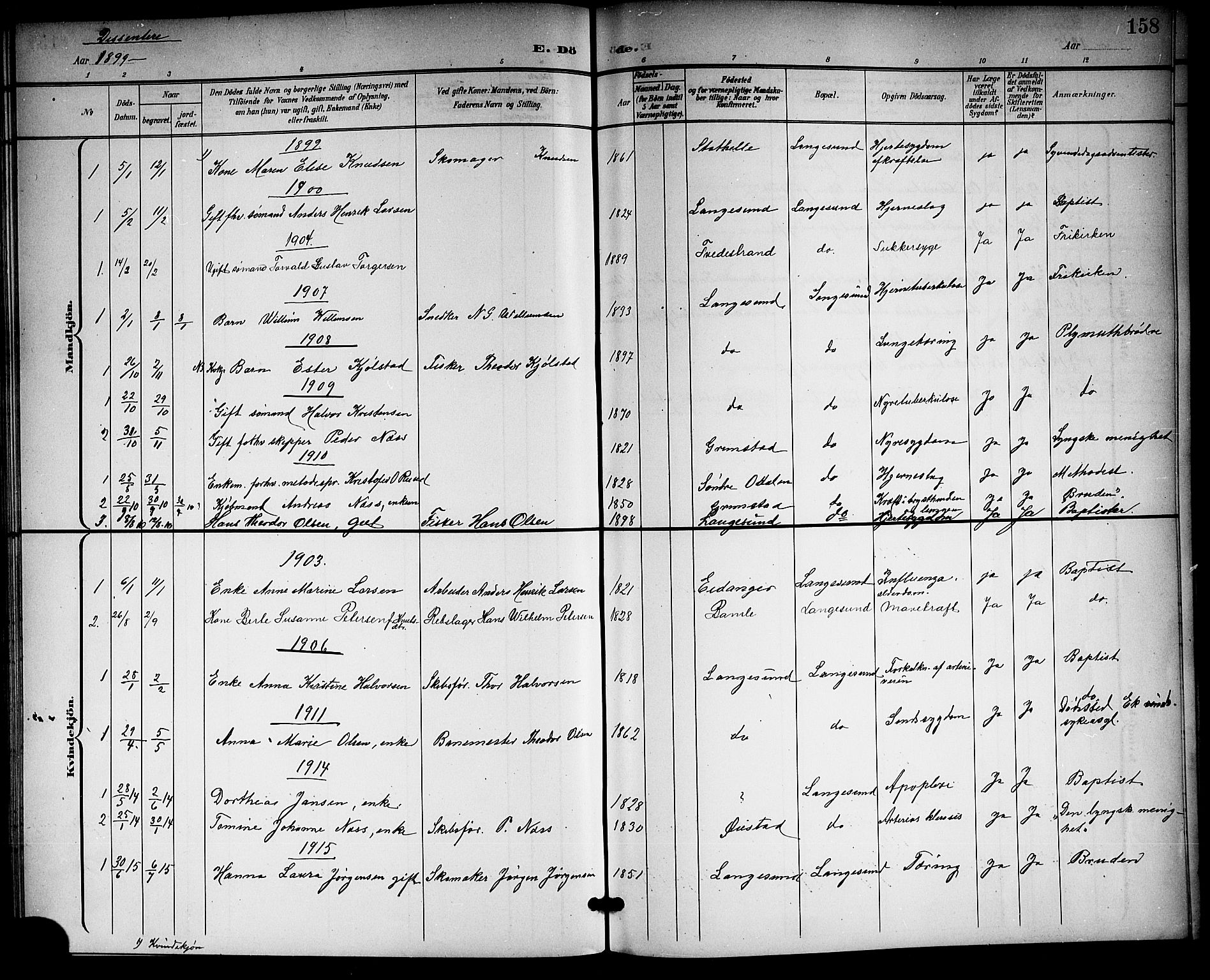 Langesund kirkebøker, SAKO/A-280/G/Ga/L0006: Parish register (copy) no. 6, 1899-1918, p. 158