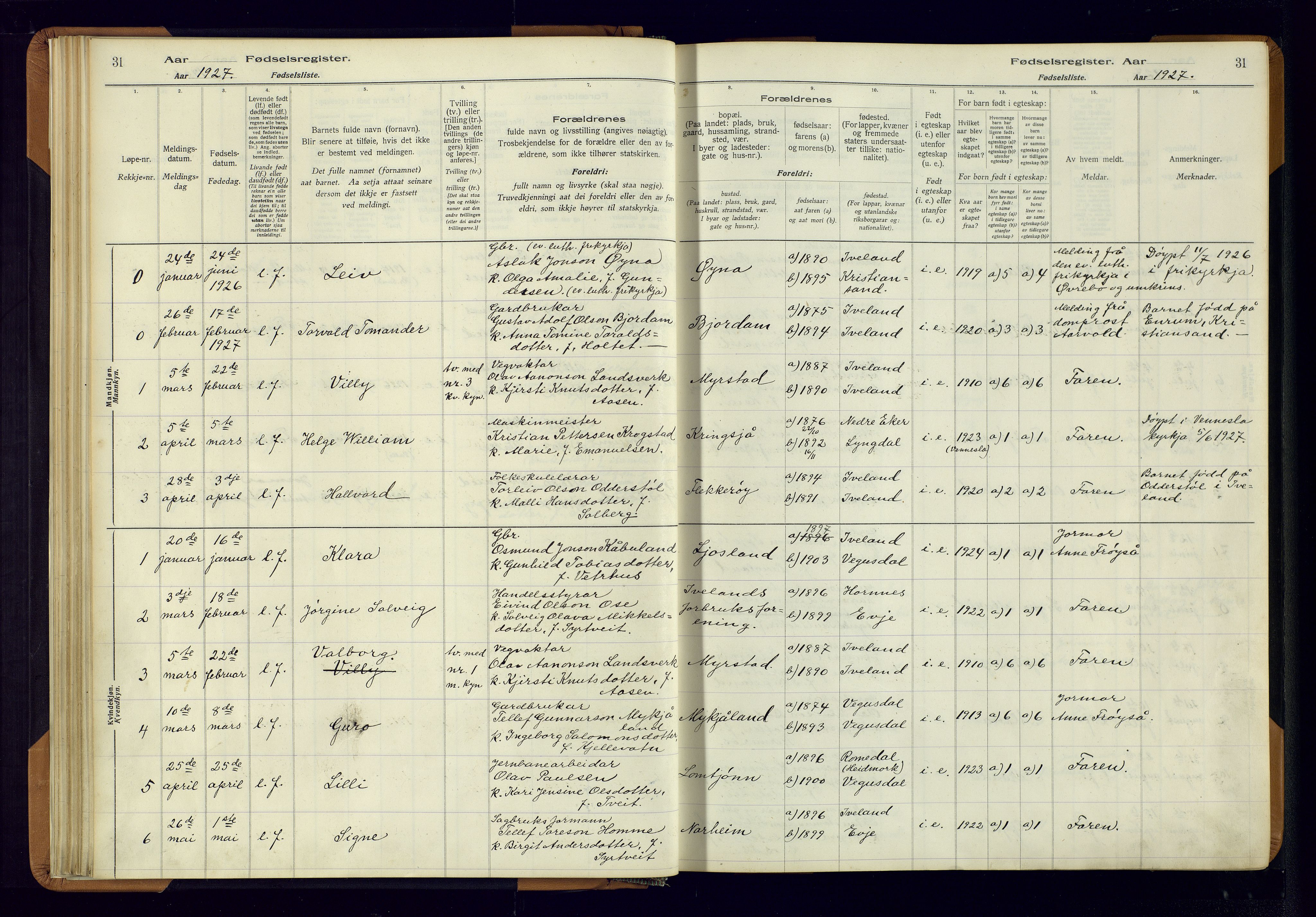 Evje sokneprestkontor, AV/SAK-1111-0008/J/Jc/L0003: Birth register no. II.4.3, 1916-1982, p. 31