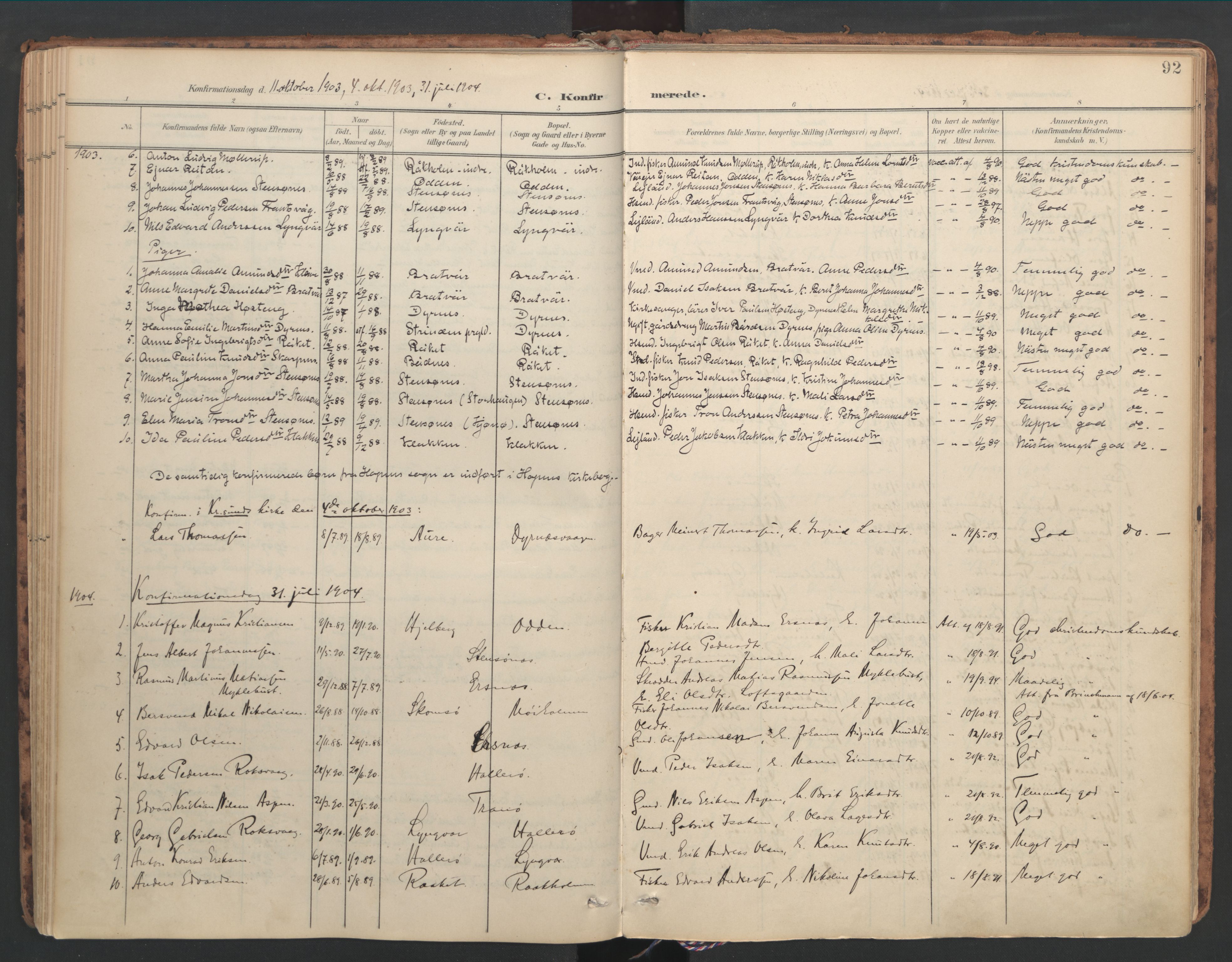 Ministerialprotokoller, klokkerbøker og fødselsregistre - Møre og Romsdal, SAT/A-1454/582/L0948: Parish register (official) no. 582A02, 1901-1922, p. 92