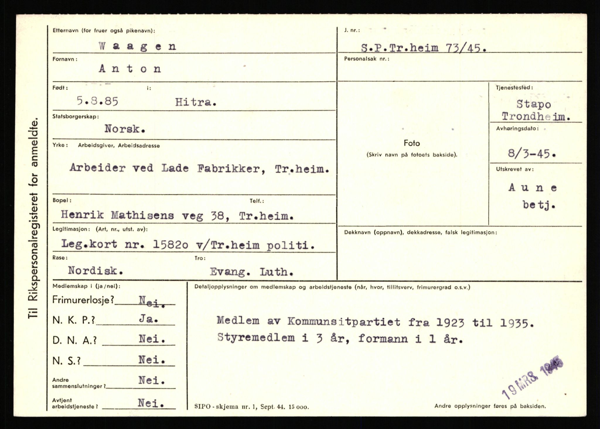 Statspolitiet - Hovedkontoret / Osloavdelingen, AV/RA-S-1329/C/Ca/L0016: Uberg - Øystese, 1943-1945, p. 1583