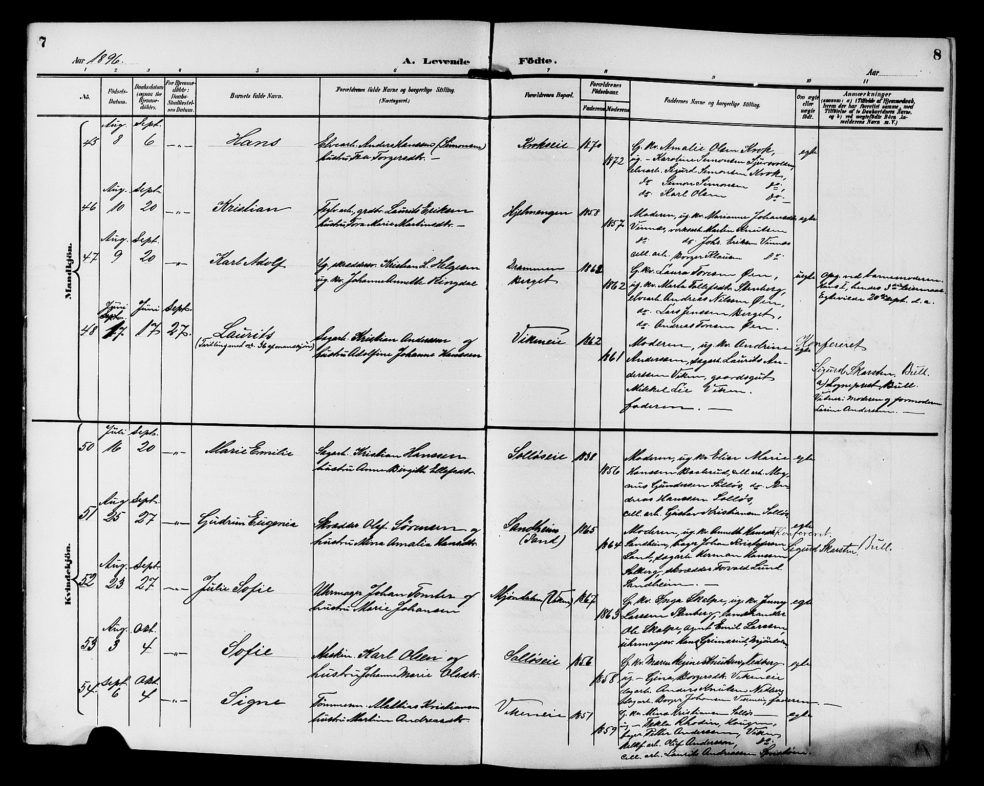 Nedre Eiker kirkebøker, AV/SAKO-A-612/G/Ga/L0003: Parish register (copy) no. 3, 1896-1905, p. 7-8