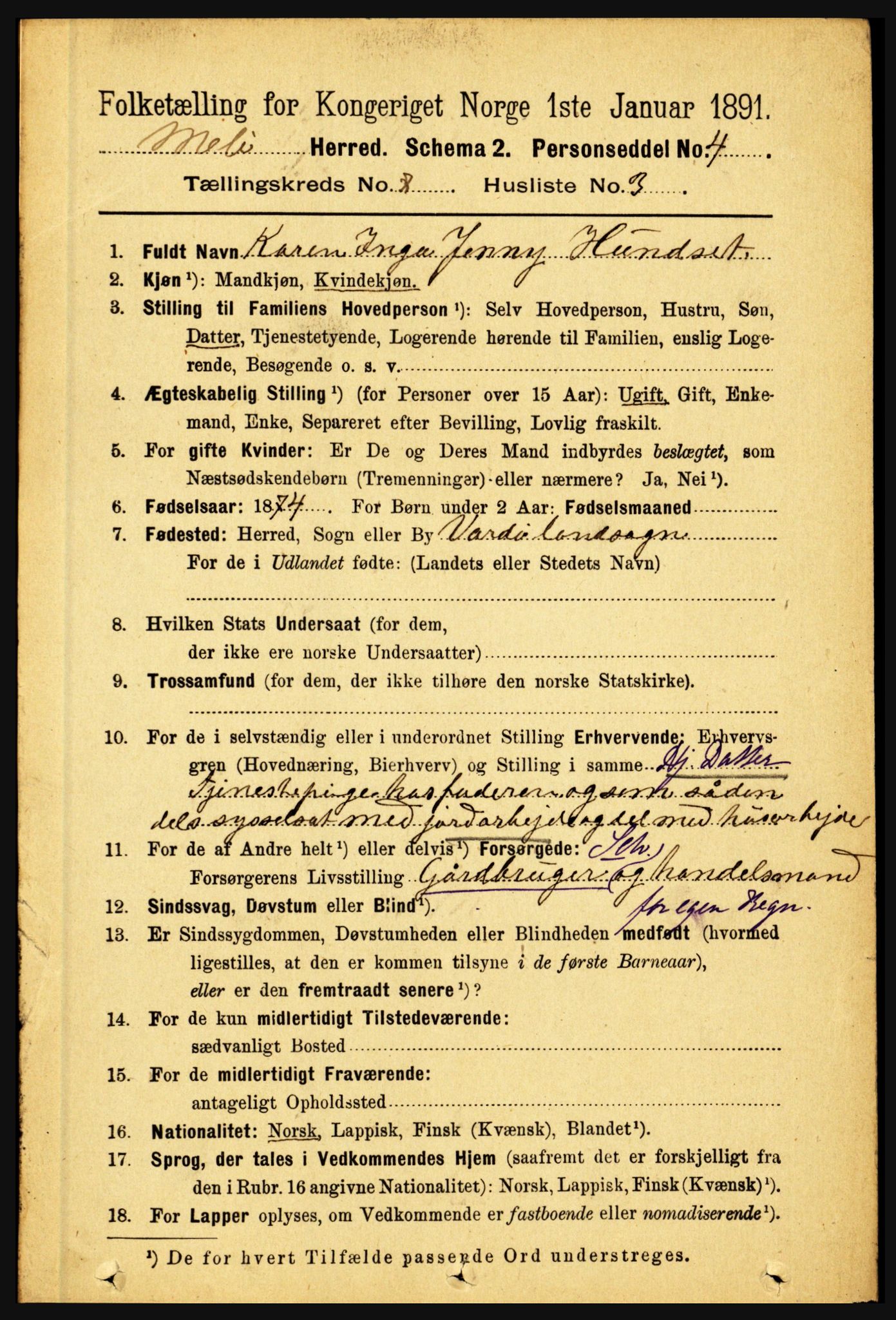 RA, 1891 census for 1837 Meløy, 1891, p. 2877