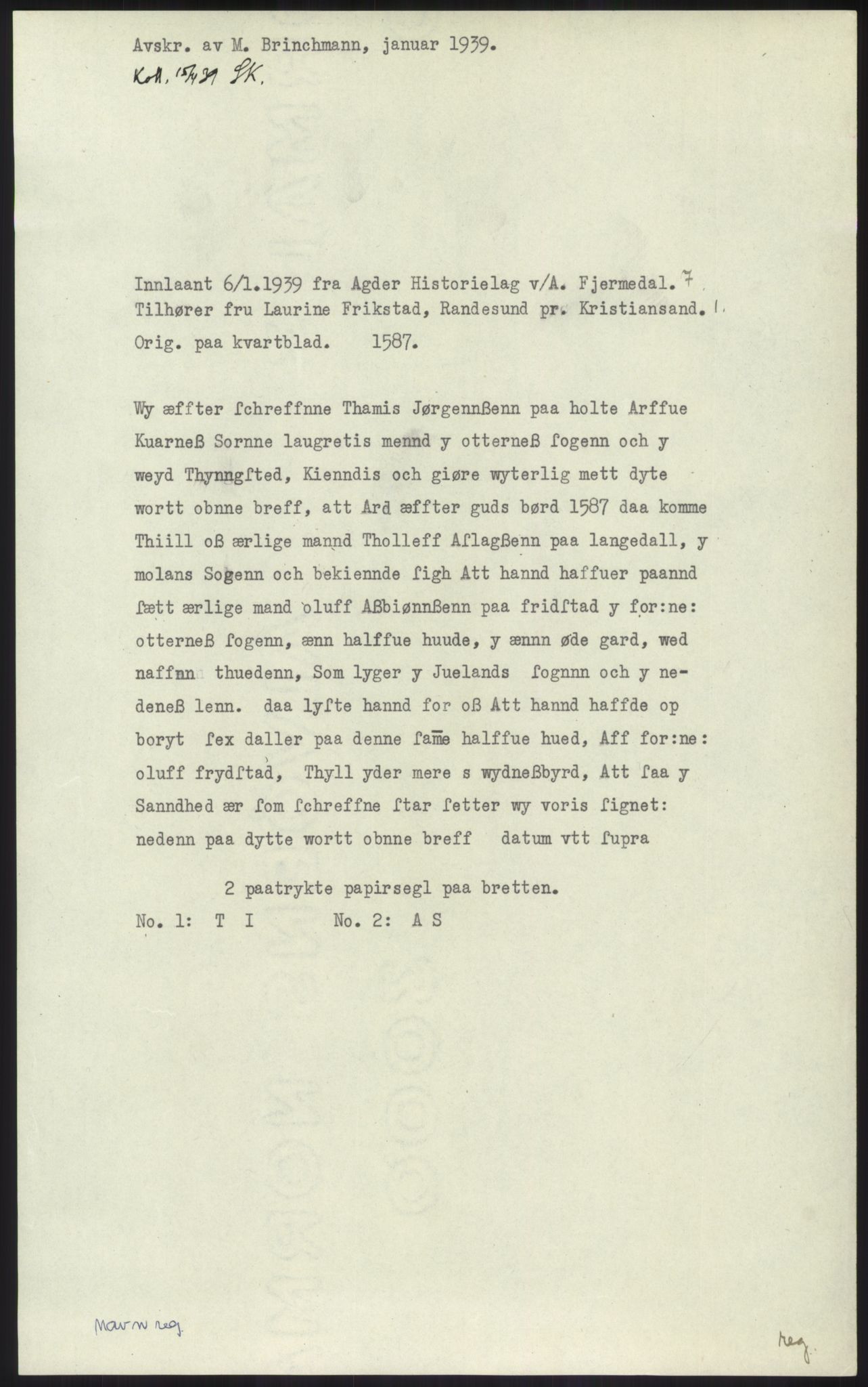 Samlinger til kildeutgivelse, Diplomavskriftsamlingen, RA/EA-4053/H/Ha, p. 1189