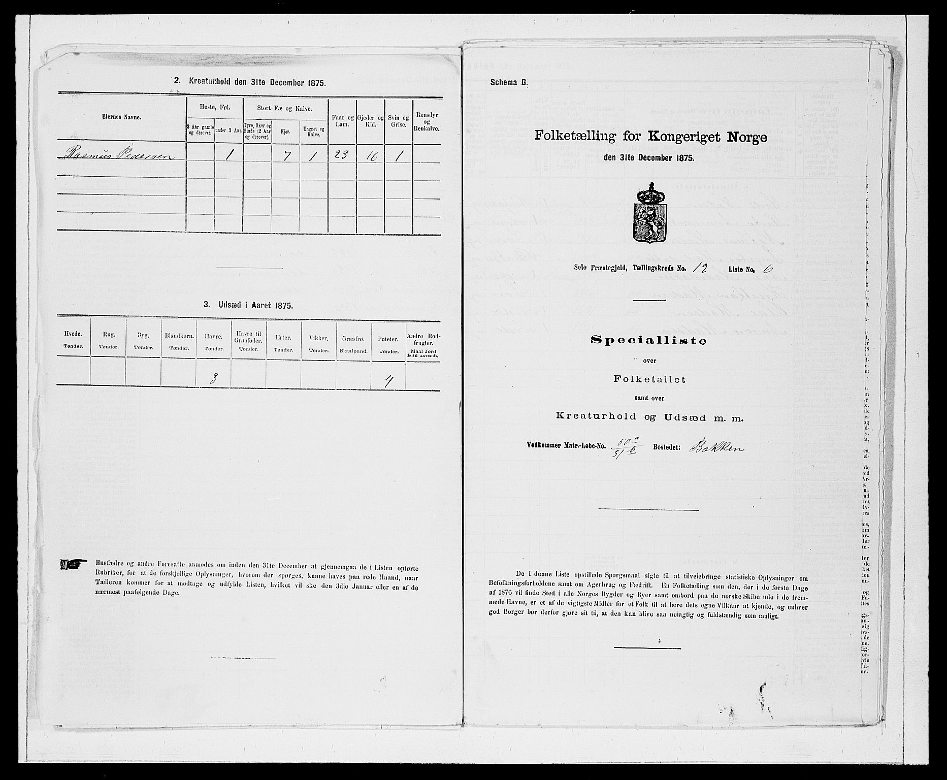 SAB, 1875 Census for 1441P Selje, 1875, p. 1492