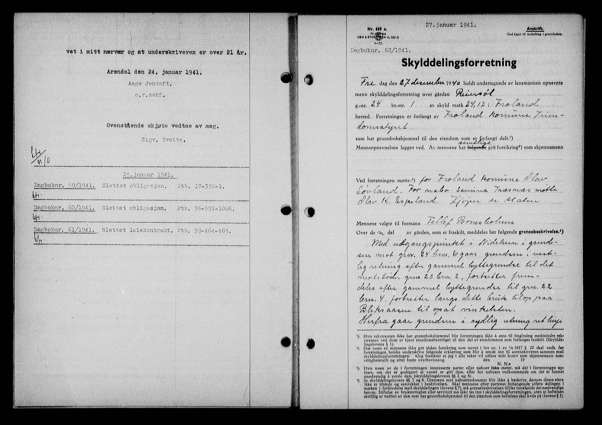 Nedenes sorenskriveri, AV/SAK-1221-0006/G/Gb/Gba/L0048: Mortgage book no. A-II, 1940-1941, Diary no: : 62/1941