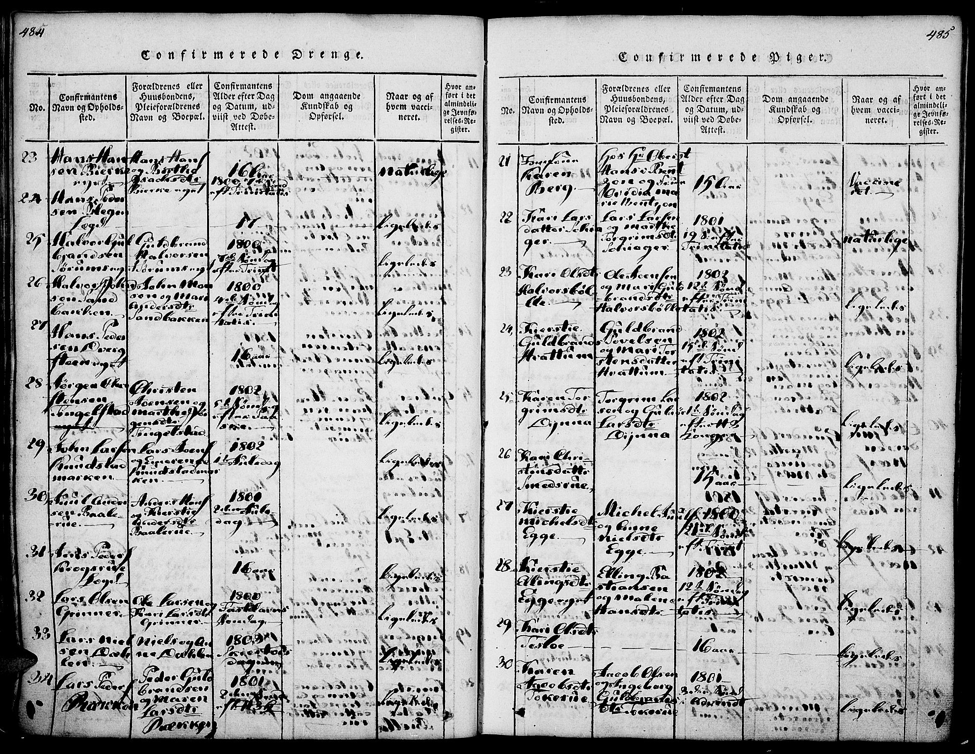 Gran prestekontor, AV/SAH-PREST-112/H/Ha/Haa/L0009: Parish register (official) no. 9, 1815-1824, p. 484-485